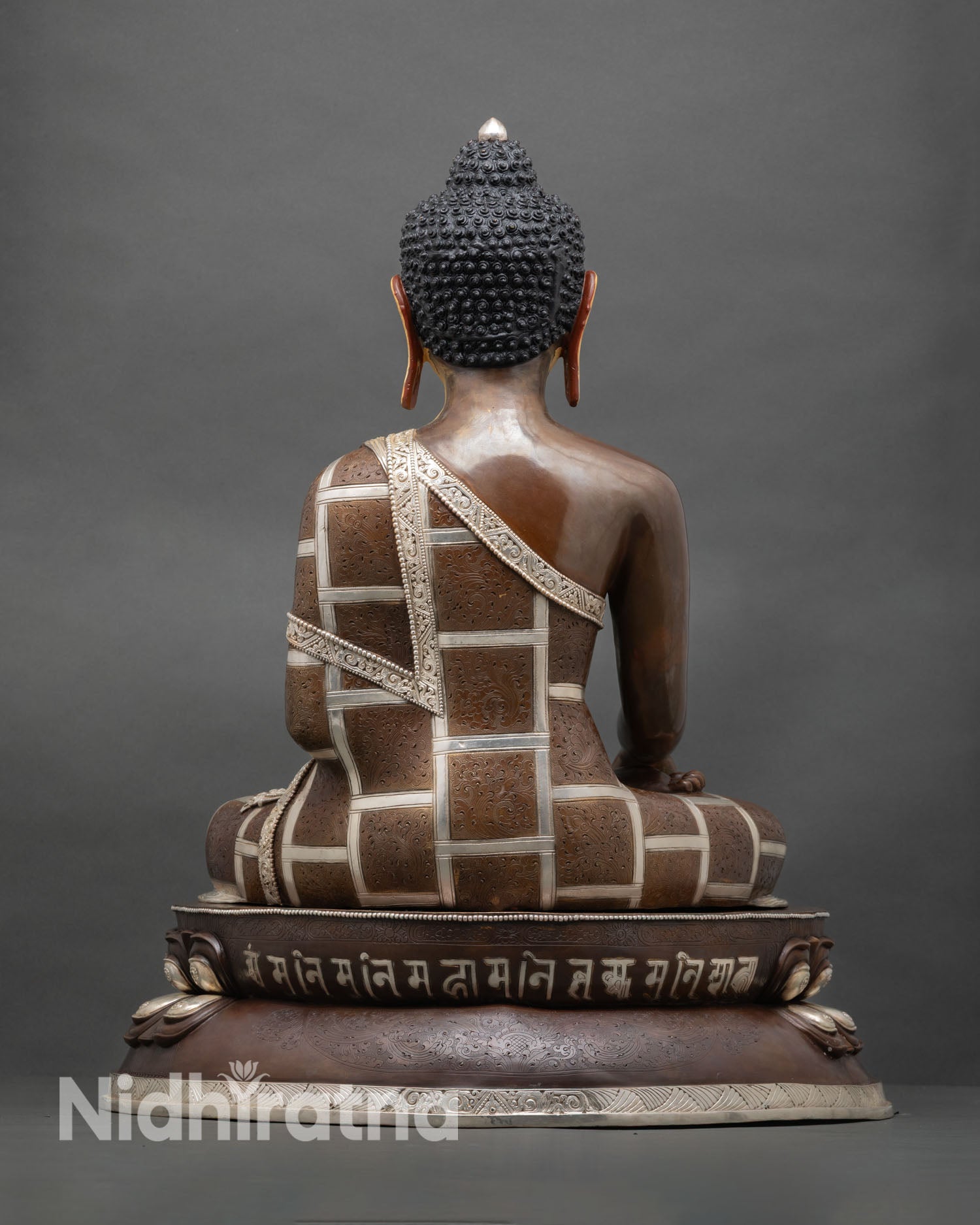 Shakyamuni Buddha statue, back view, double lotus base, silver plated details, spiritual meditation home altar buddhist sculpture