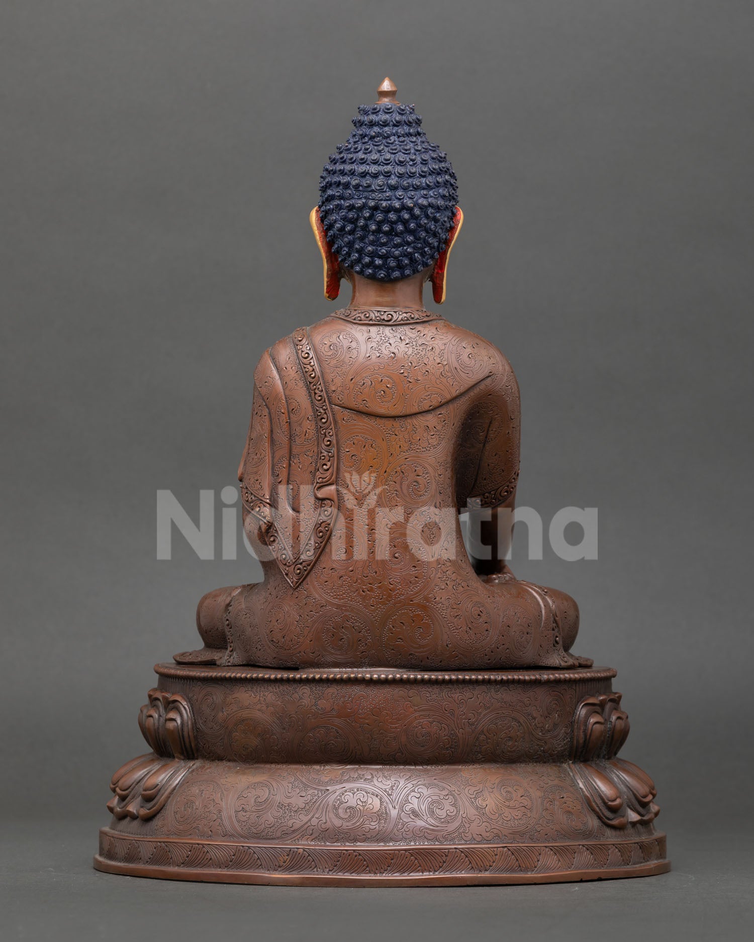 Shakyamuni Buddha Statue Back View Engraved Details Lotus Throne Oxidized Finish Buddhist Deity Statue