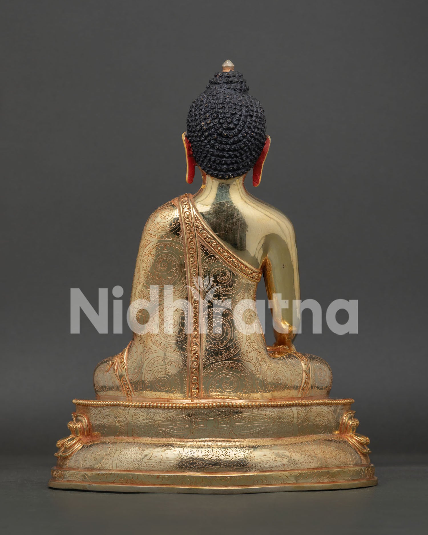 Shakyamuni Buddha Statue Back View Hand Carved Floral Motif Monk Robe Gold Fire Gilded Finish.