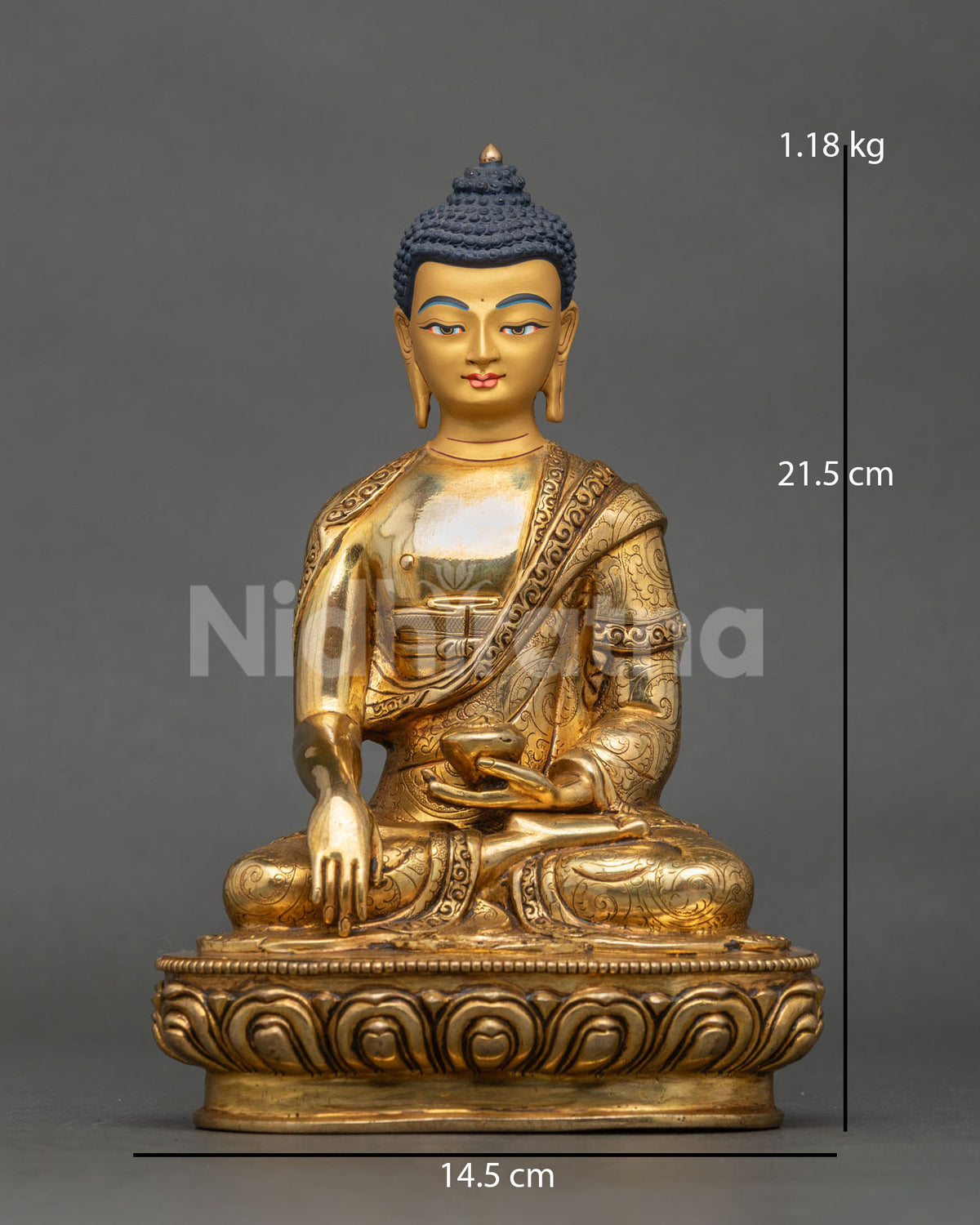 Shakyamuni Buddha statue Bhumisparsha Mudra lotus pedestal gold gilded.