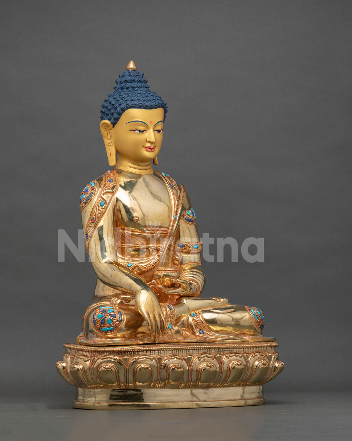 Shakyamuni Buddha statue bhumisparsha mudra lotus throne right side view.