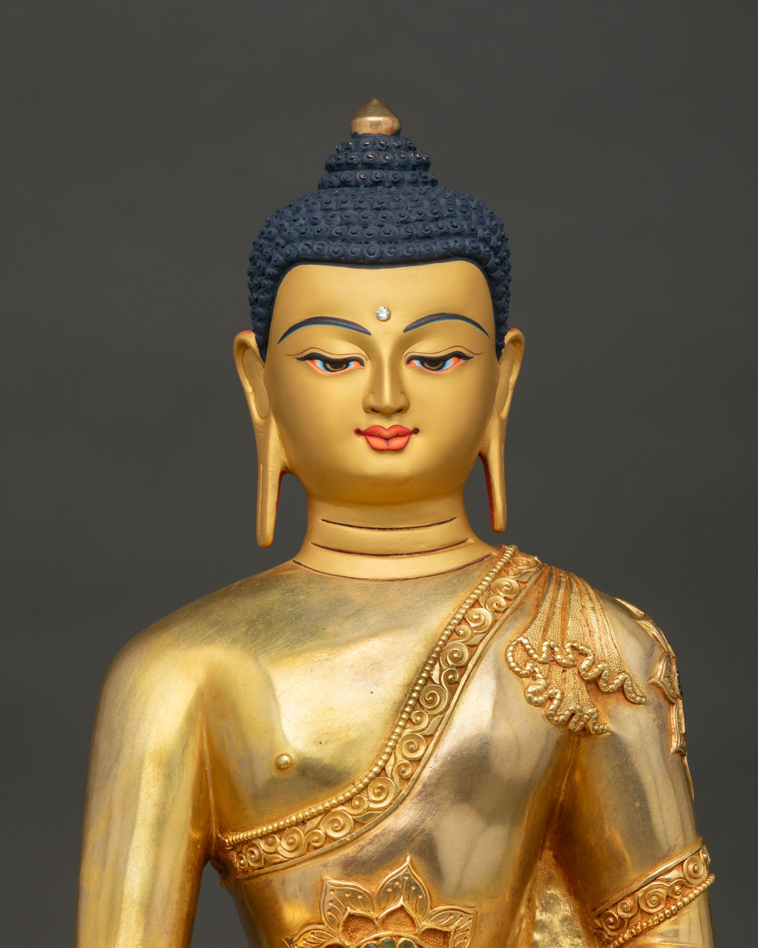Shakyamuni Buddha Statue Close Up Showing 24K Gold Gilding and Copper Details
