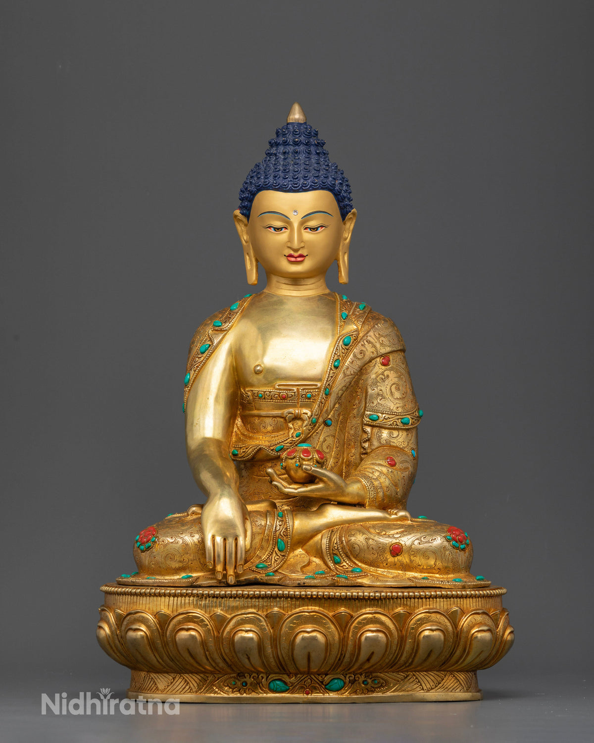 Shakyamuni Buddha Statue made from copper with gold fire gilding and semi precious stones in Nepal