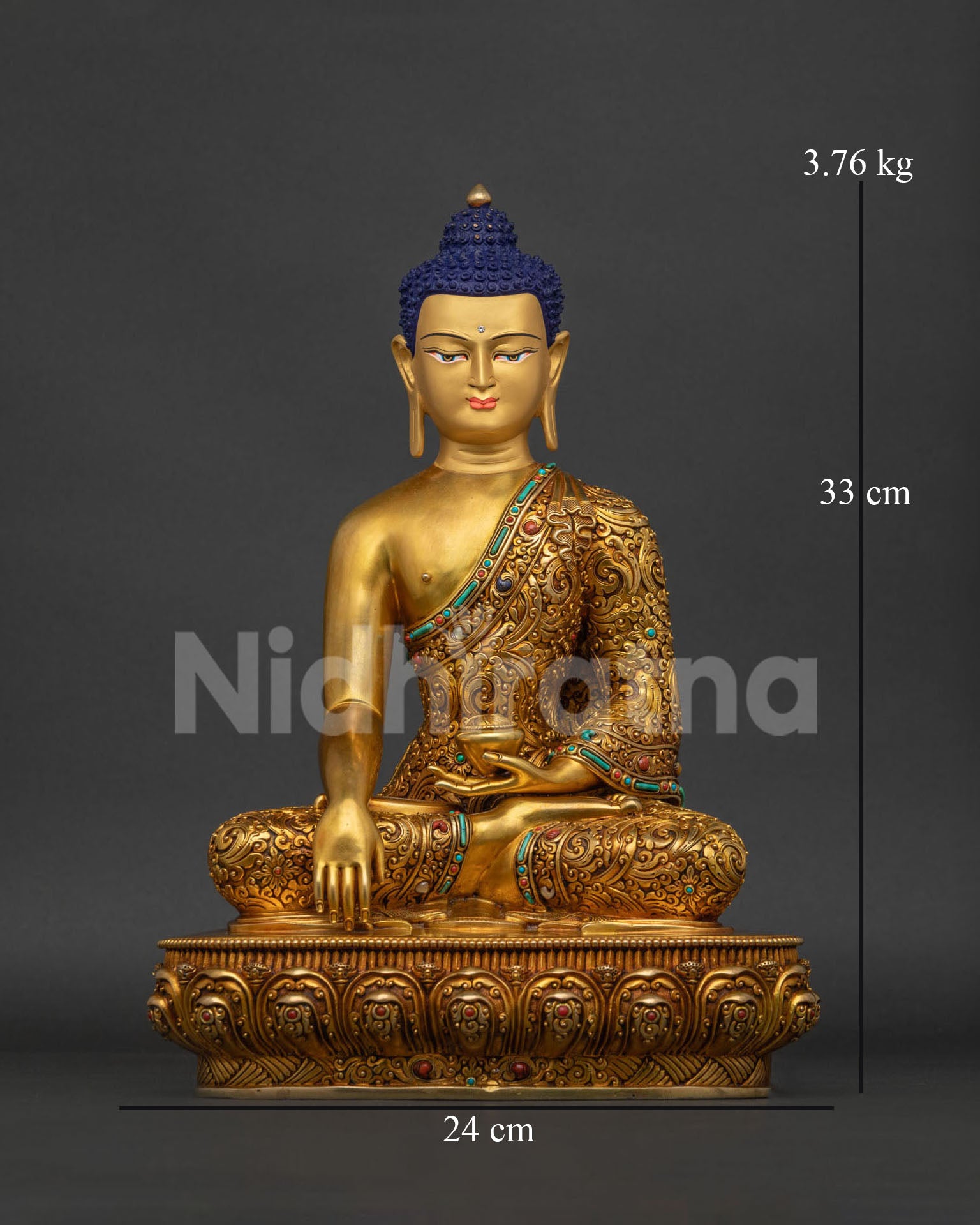 Shakyamuni Buddha statue Washington, solid copper gold gilded front view