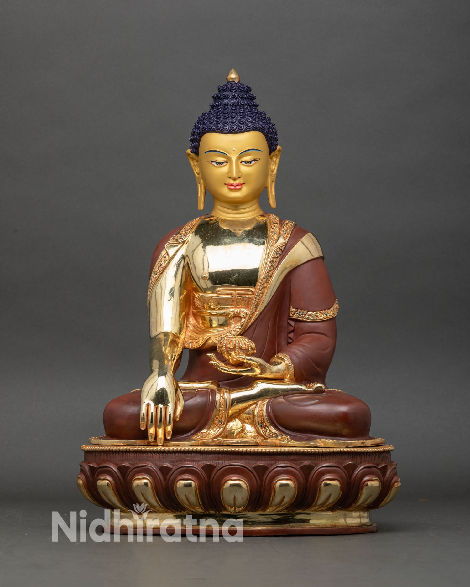 Shakyamuni Buddha statue front view, 24K gold fire gilded copper Nepal handmade