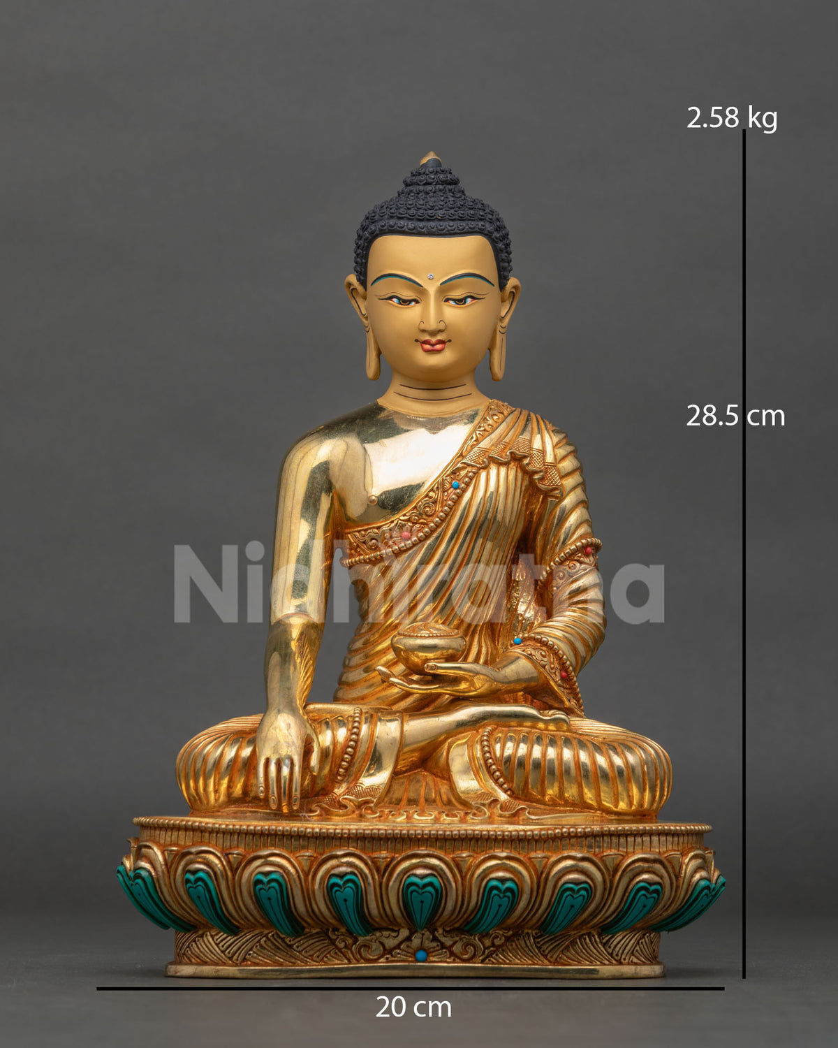 Shakyamuni Buddha statue front view gold gilded copper nepalese sculpture.