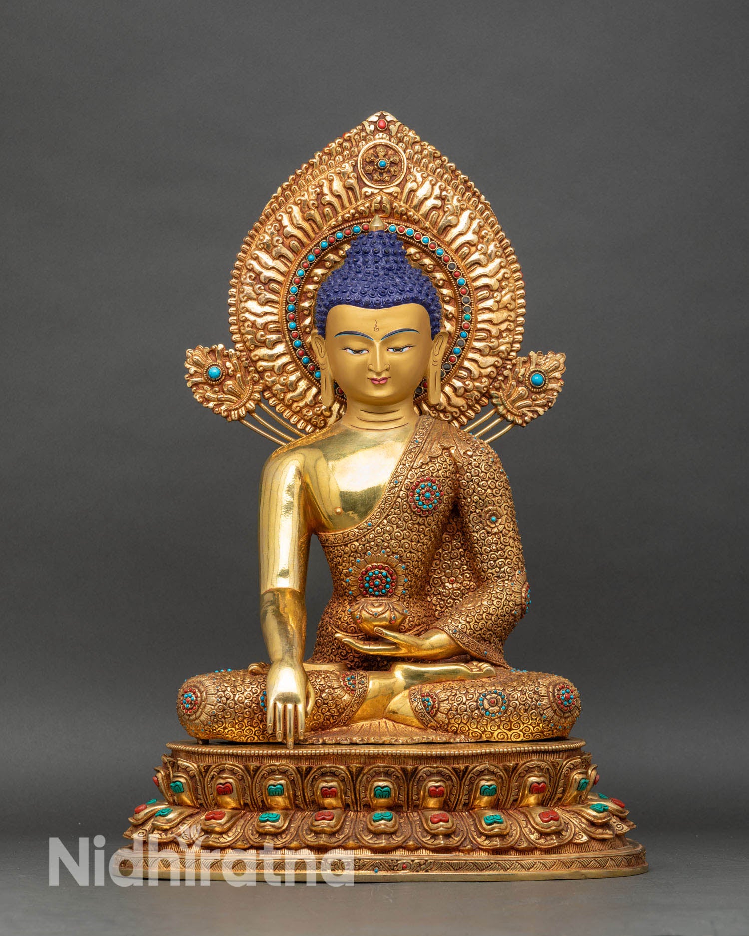 Shakyamuni Buddha statue front view, handcrafted Nepalese copper with 24K gold gilding