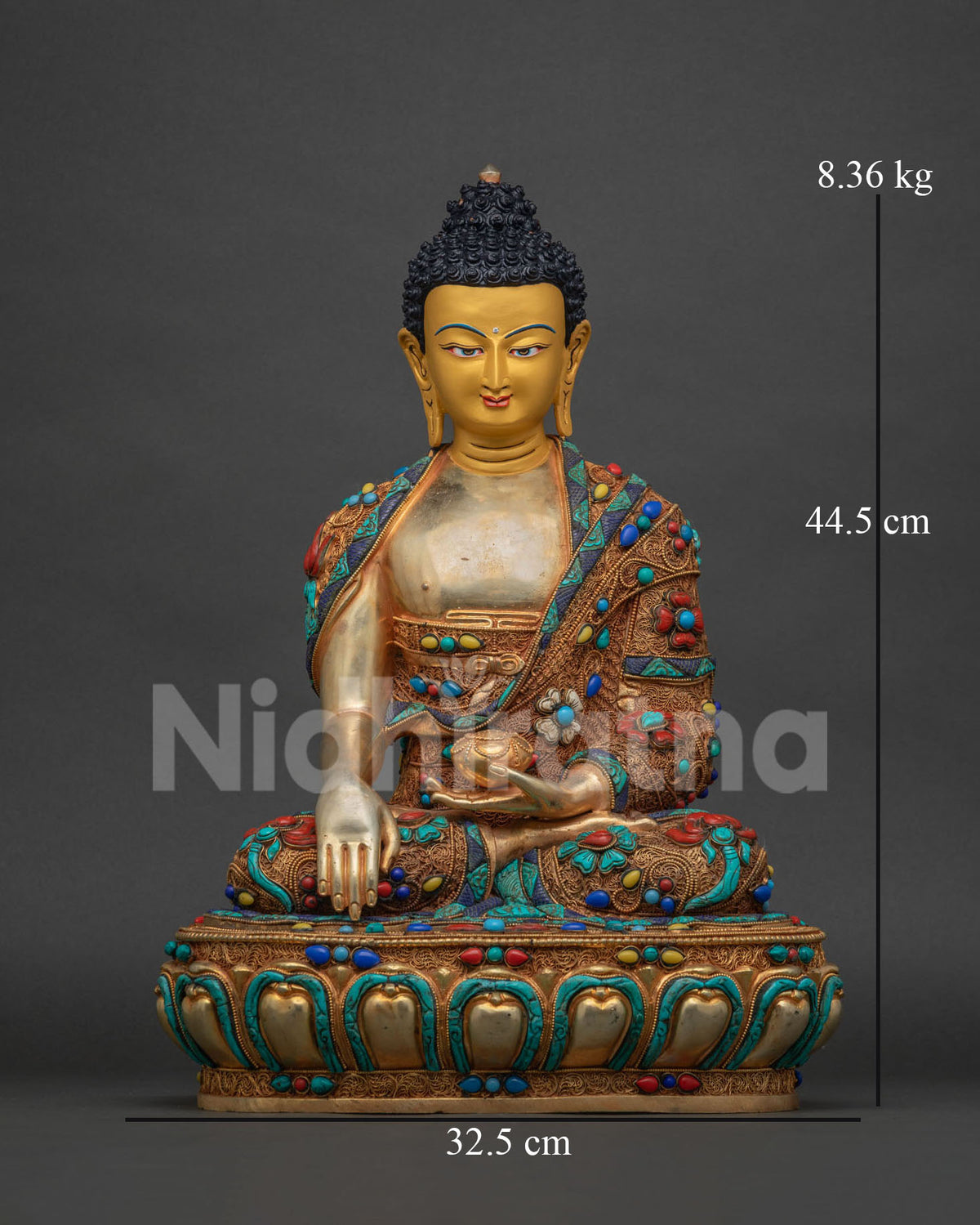 Shakyamuni Buddha Statue Front View - Handmade 24K Gold Nepal Sculpture
