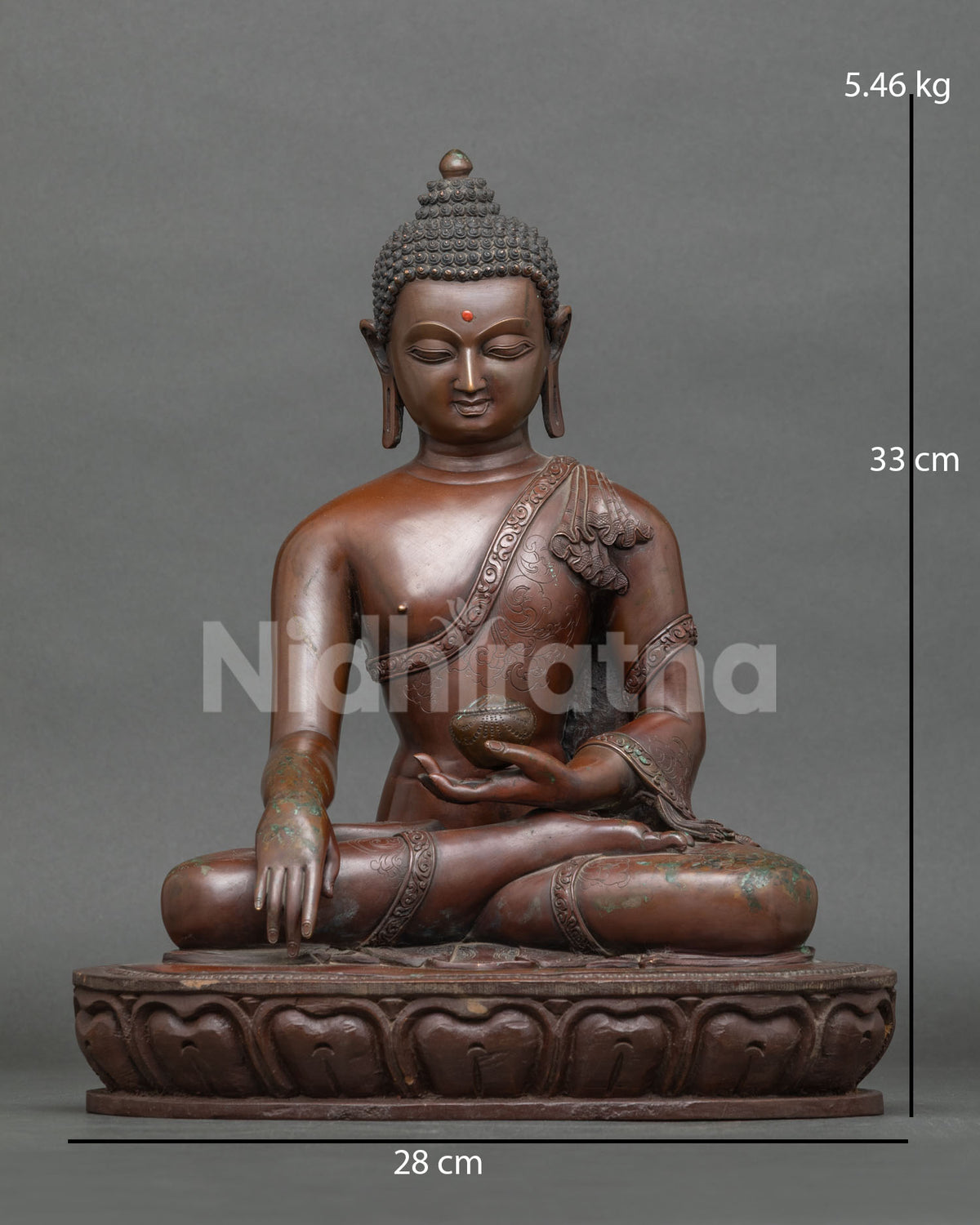 Shakyamuni Buddha Statue Front View, Oxidized Copper Figurine from Nepal
