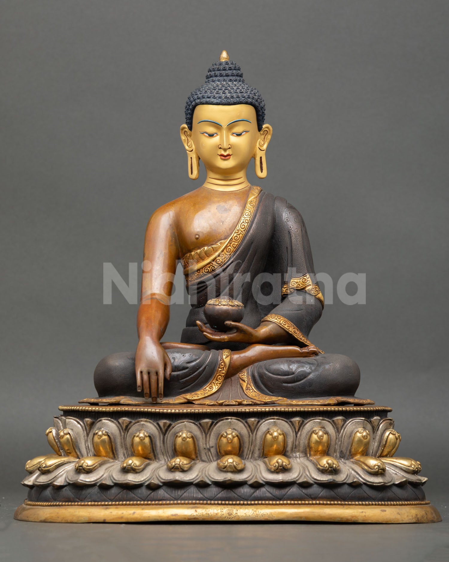 Shakyamuni Buddha Statue Front View Oxidized Copper Gold Gilded Finish Silver Lotus Seat