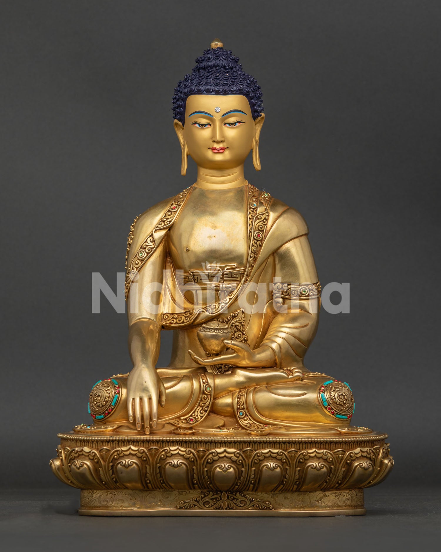 Shakyamuni Buddha Statue front view with 24K gold gilded copper body