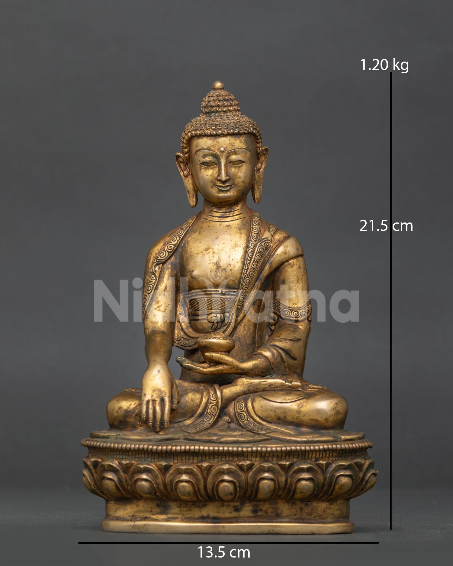 Shakyamuni Buddha Statue Gold Fire Gilded Copper Front View.