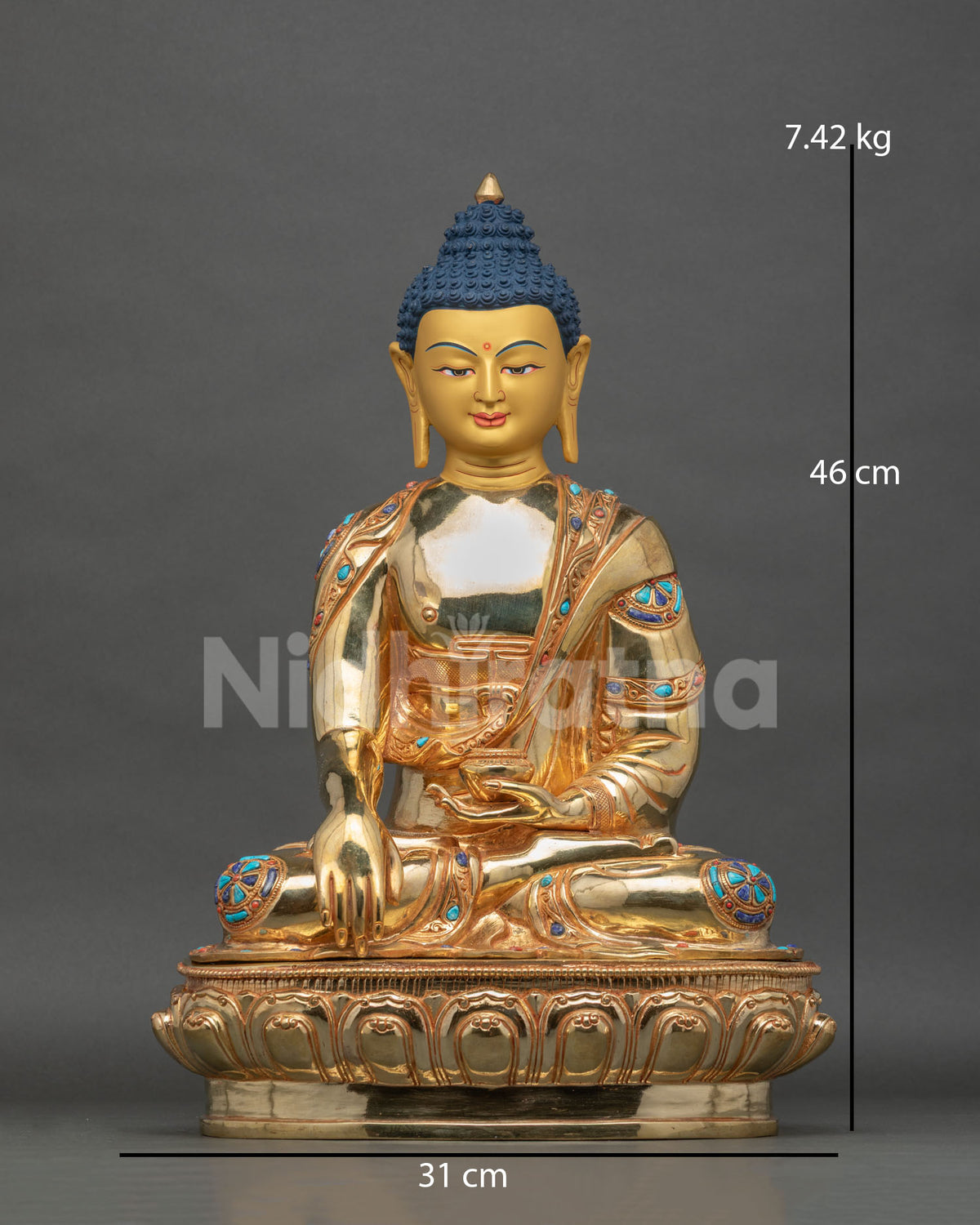 Shakyamuni Buddha statue gold fire gilded copper patan nepal front view.
