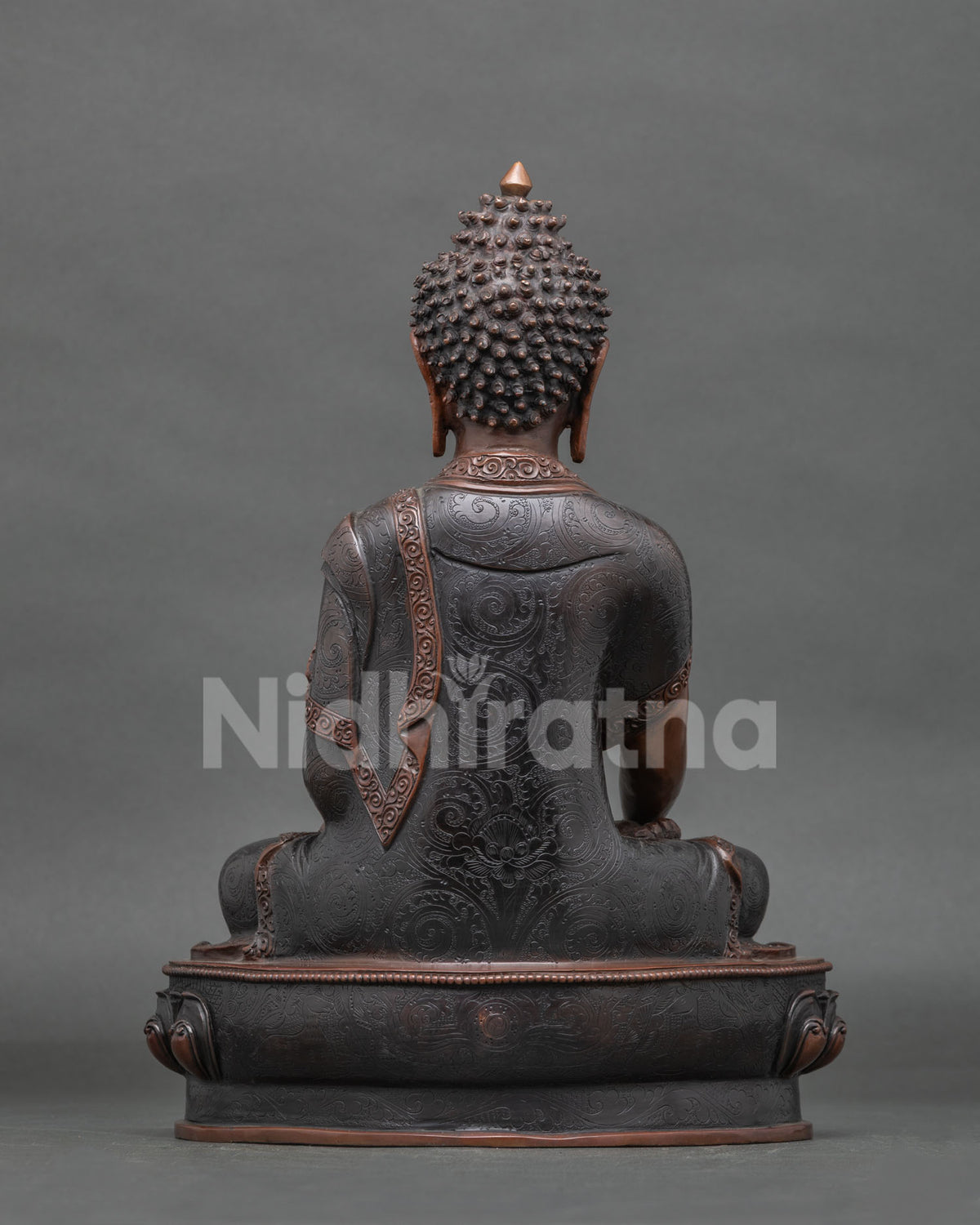 Shakyamuni Buddha statue with hand carved floral motif monk robe.