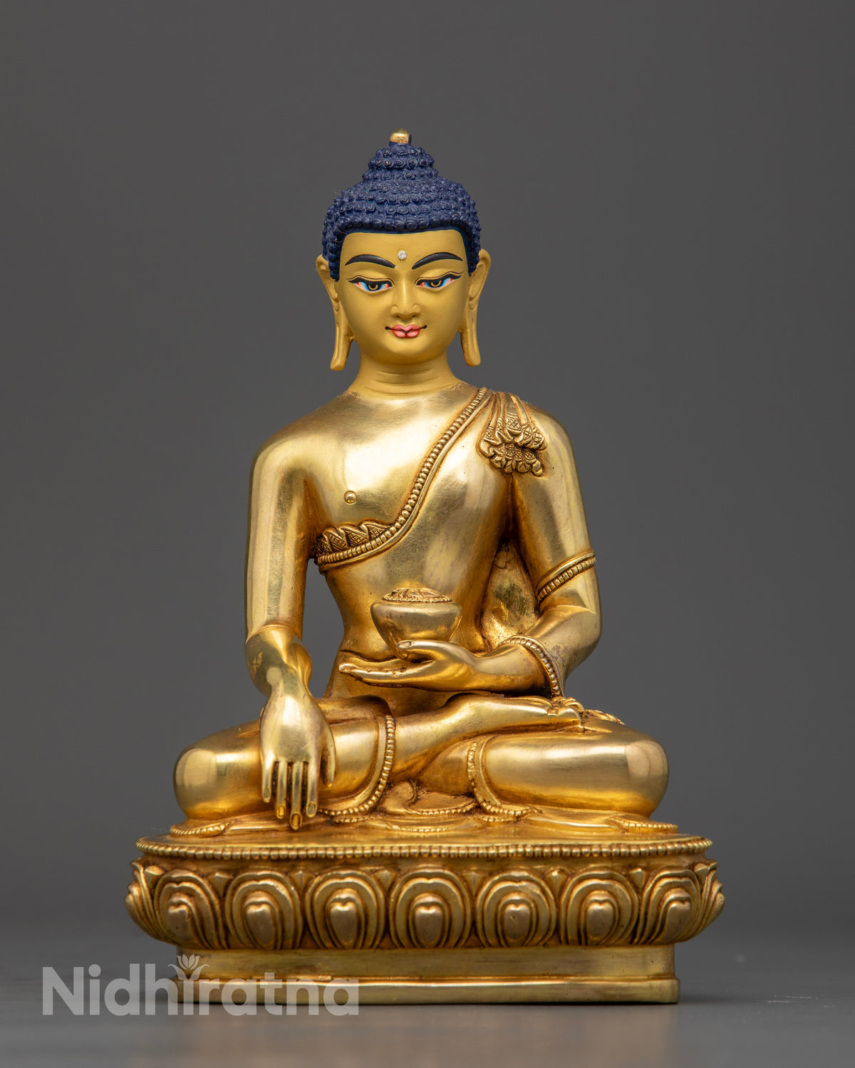 Shakyamuni Buddha Statue, handcrafted in Patan, Nepal with copper body and radiant gold-gilded finish