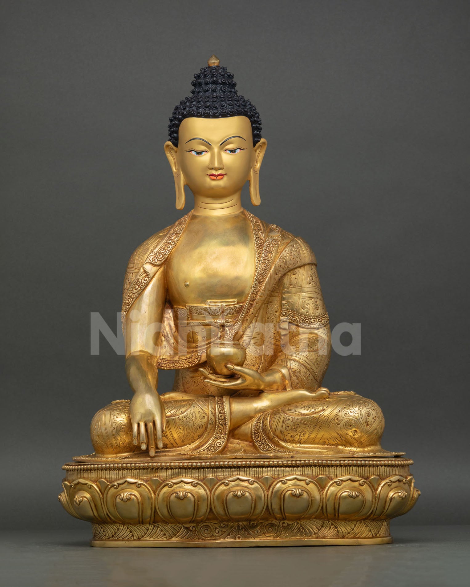 Shakyamuni Buddha statue handmade in Nepal, gold-gilded copper sculpture on lotus throne