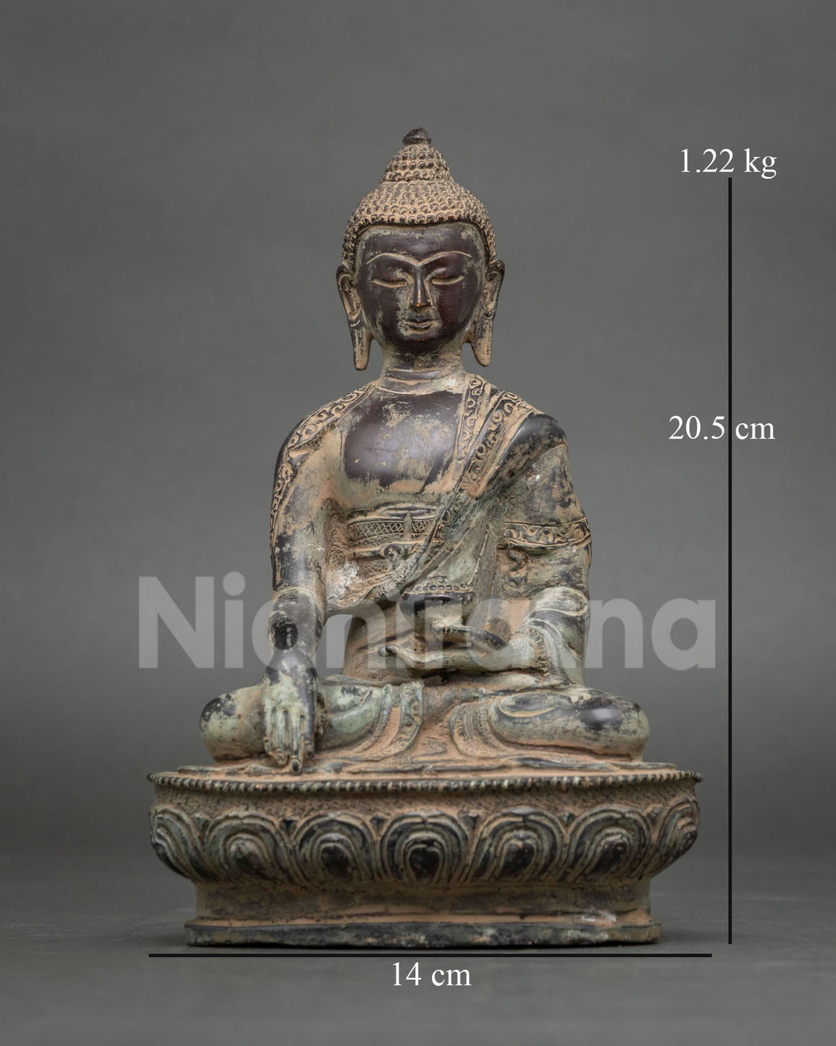 Shakyamuni Buddha statue in antique oxidized copper, handcrafted in Nepal for home altar