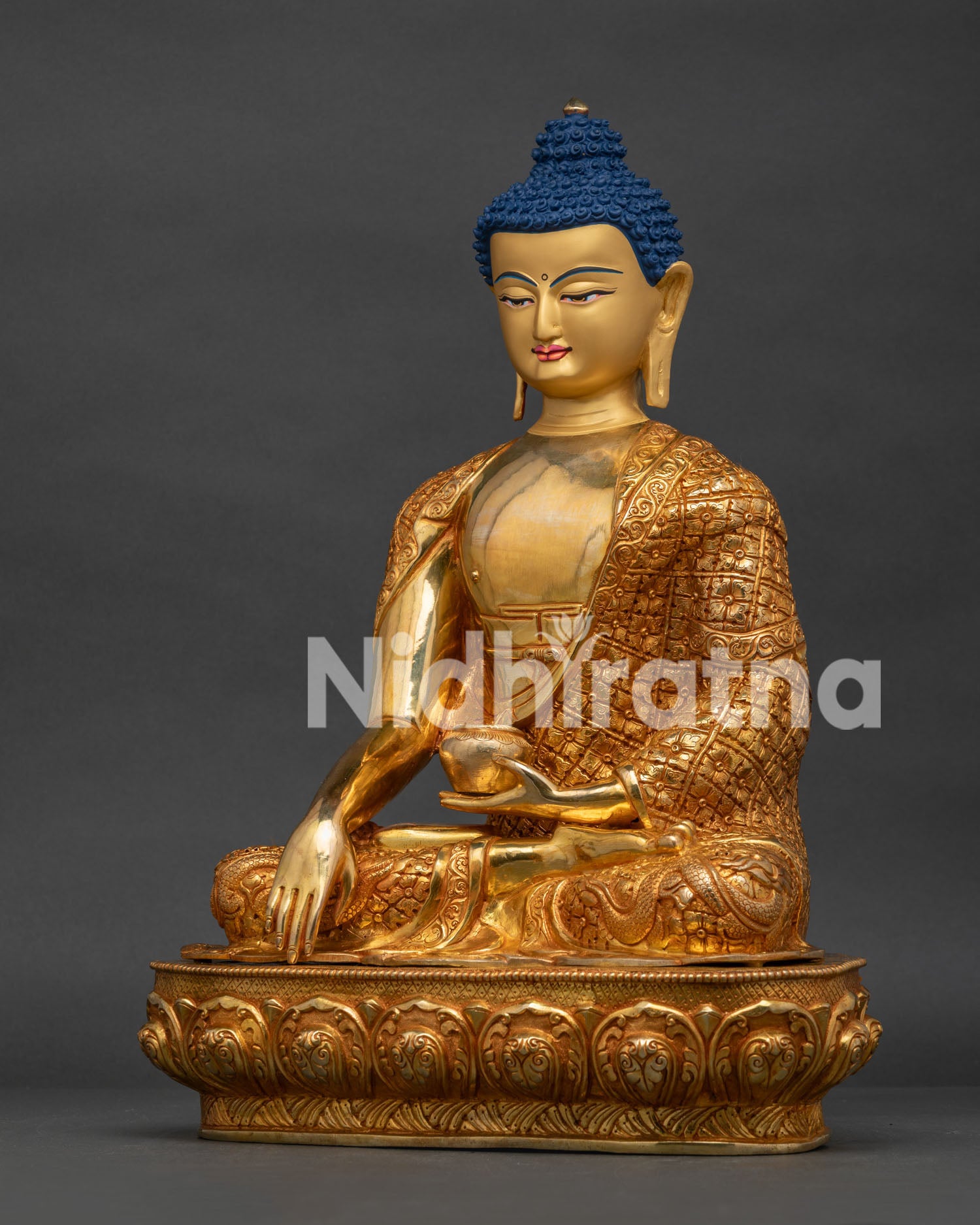 Shakyamuni Buddha Statue Left Side View Gold Fire Gilded Nepalese Buddha Art