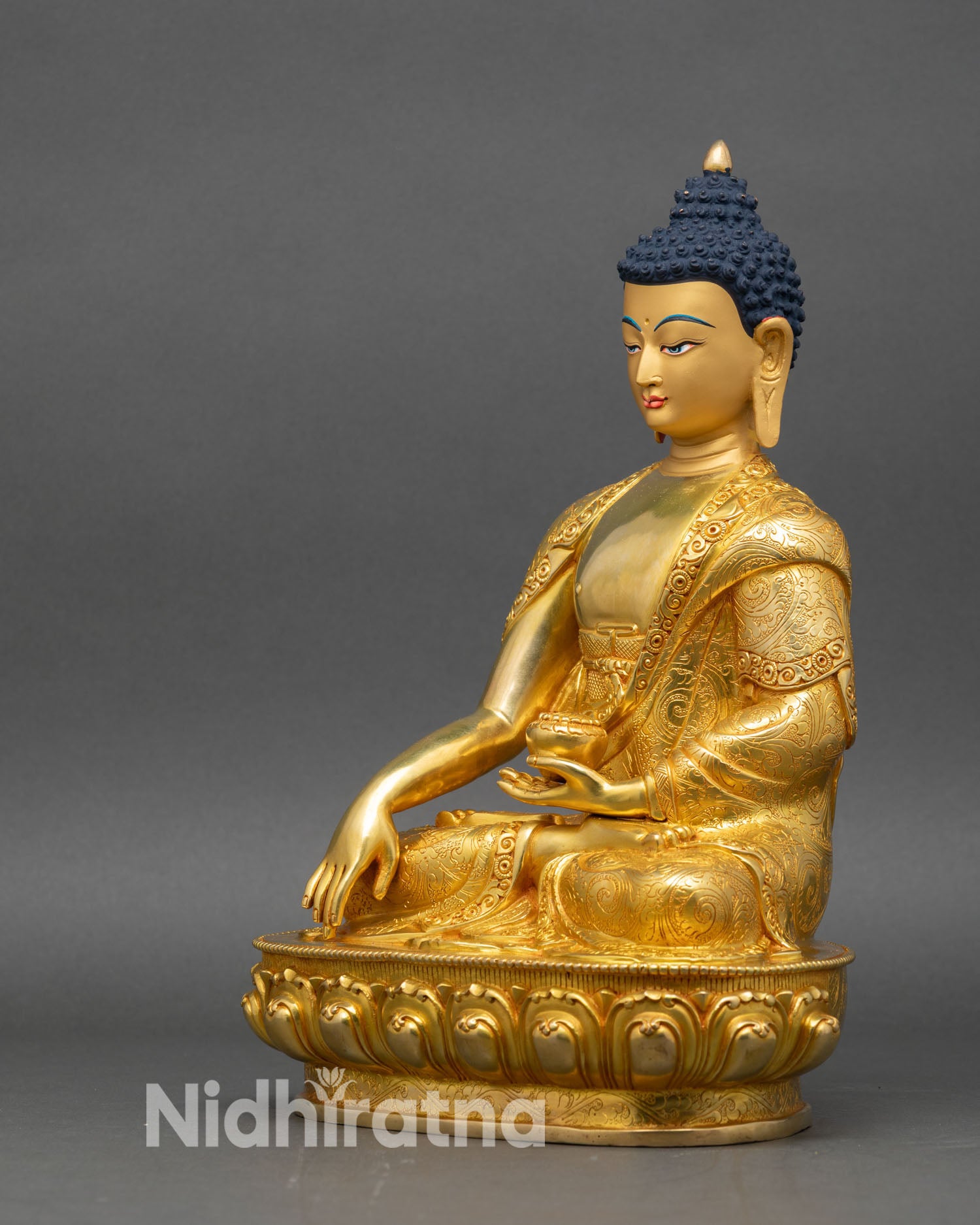 shakyamuni buddha statue left side view, handcrafted himalayan sculpture with lotus base