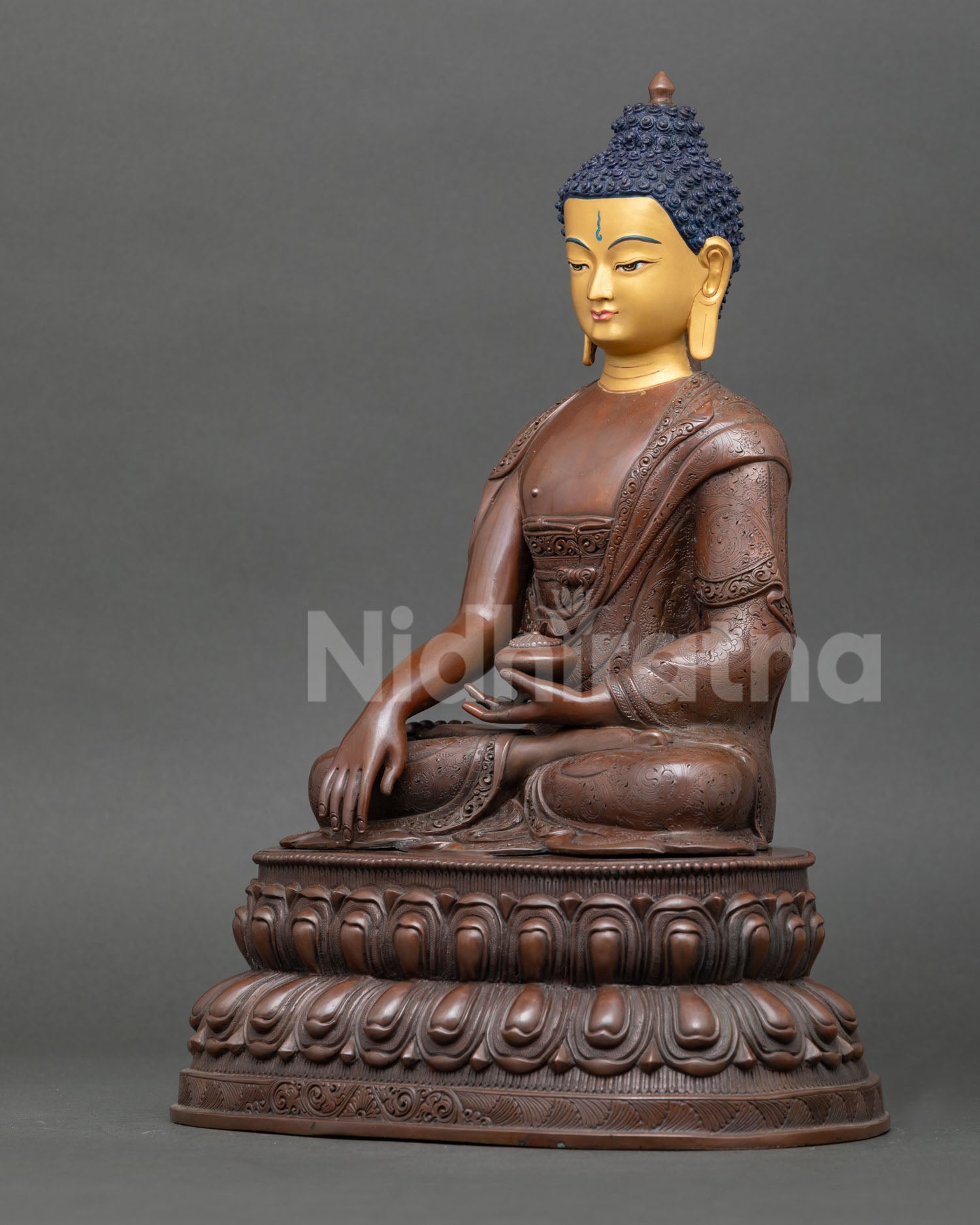 Shakyamuni Buddha Statue Left Side View Traditional Nepal Copper Sculpture Meditation Statue