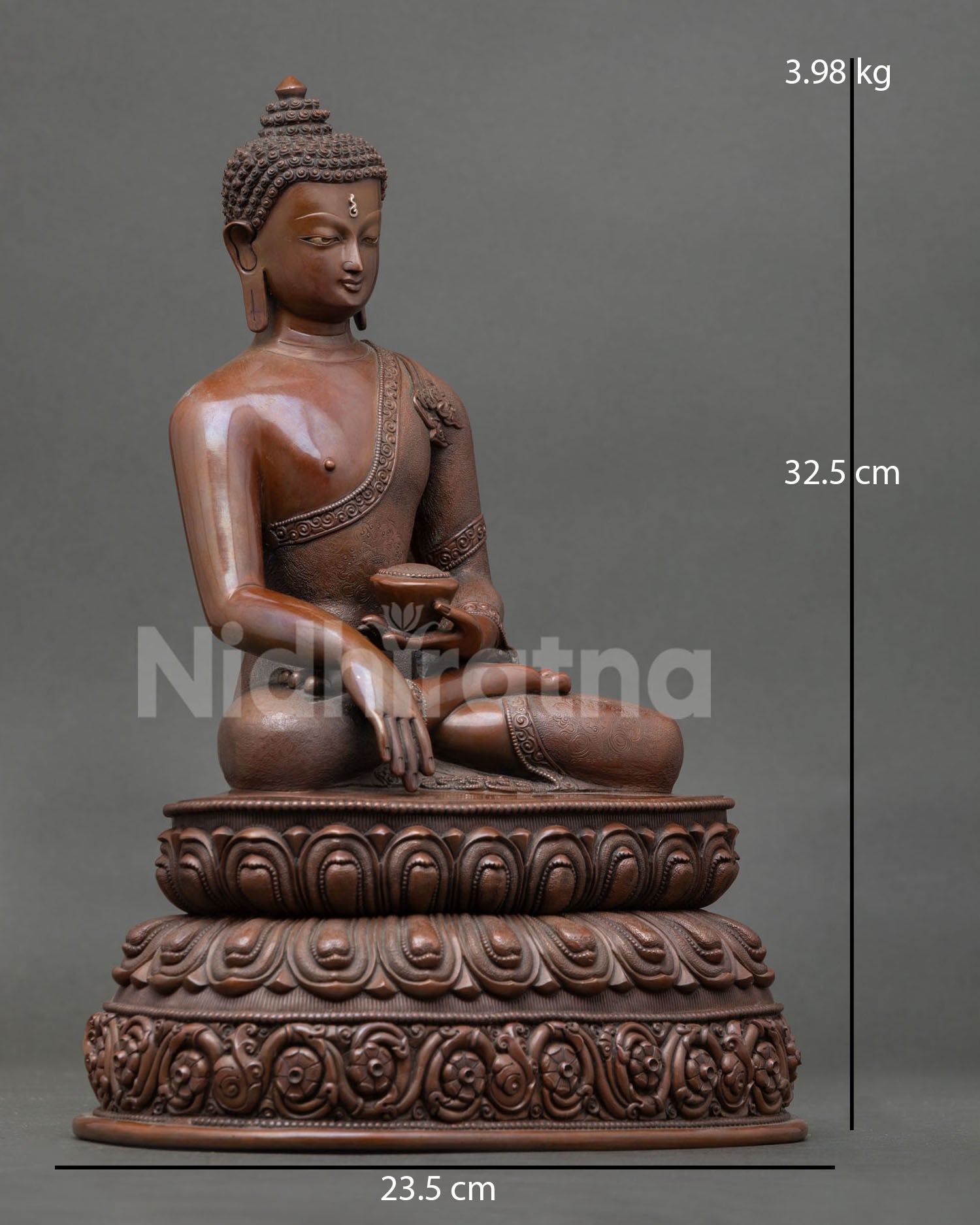 Shakyamuni Buddha statue draped in monastic robes seated on double lotus throne Himalayan Buddhist art Nepal