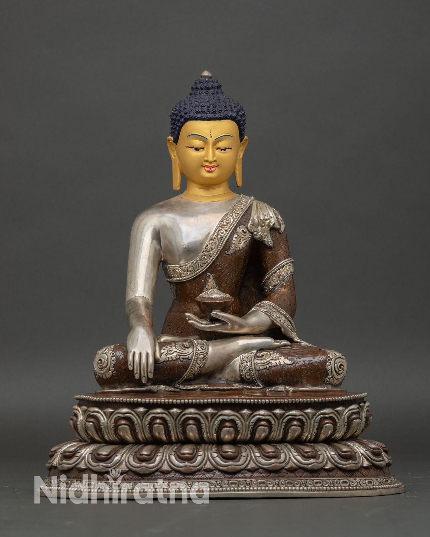 Shakyamuni Buddha statue, oxidized copper, silver plated, gold painted face, lotus throne, Buddhist altar statue Nepal