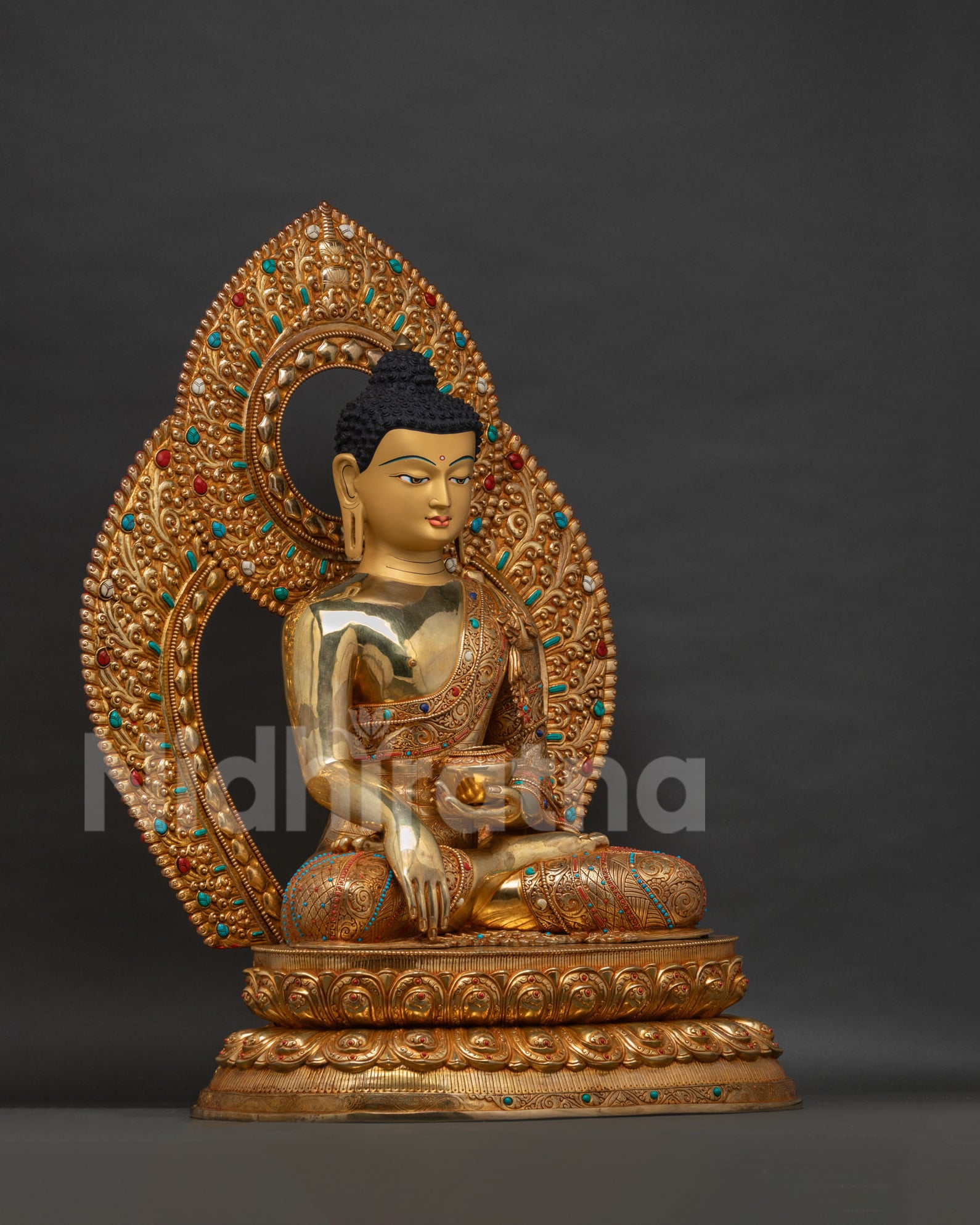 Shakyamuni Buddha statue right side view, gold-gilded copper Buddhist sculpture