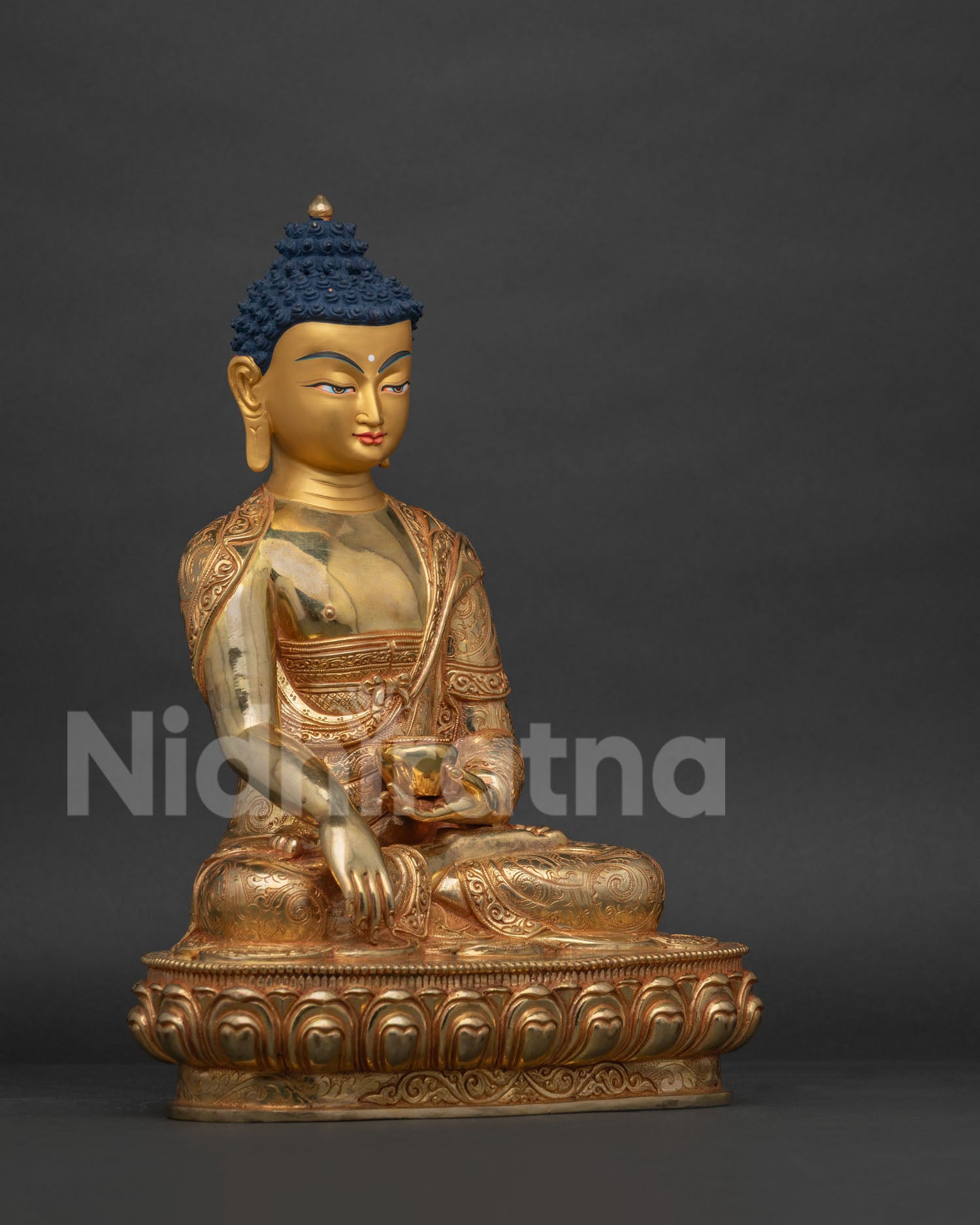 Shakyamuni Buddha Statue Right Side View Gold Gilded Copper Nepal Handmade