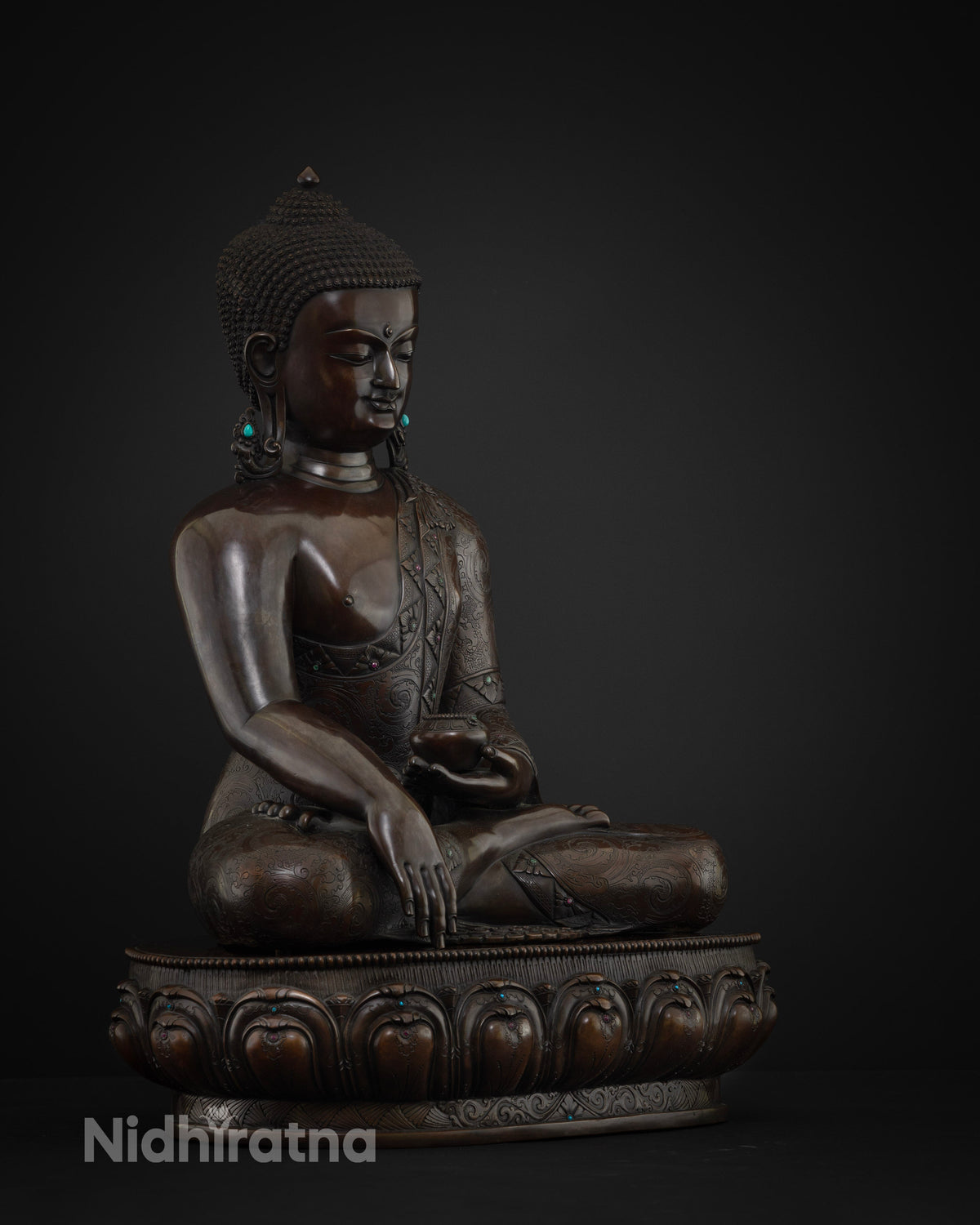 Shakyamuni Buddha Statue right side view, handcrafted copper Buddhist sculpture