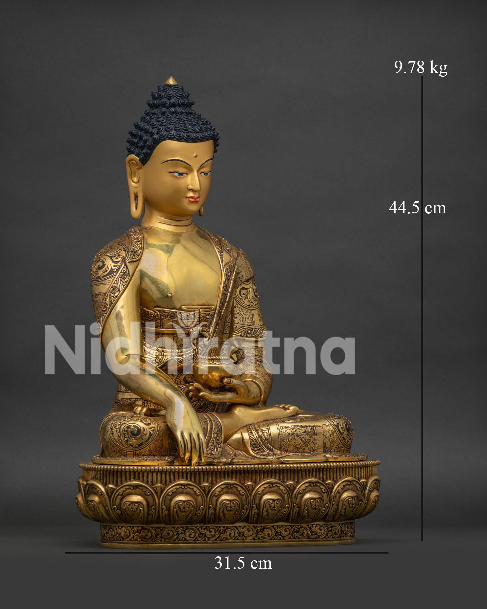 Shakyamuni Buddha statue right side view in handmade copper sculpture