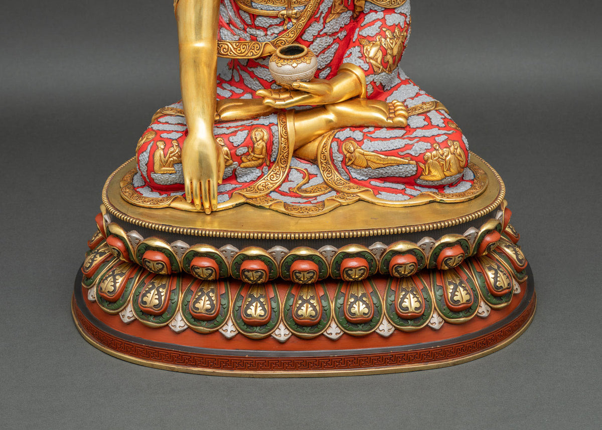 Shakyamuni Buddha statue seated on a double-lotus pedestal with gold-gilded body and patra bowl, Nepal