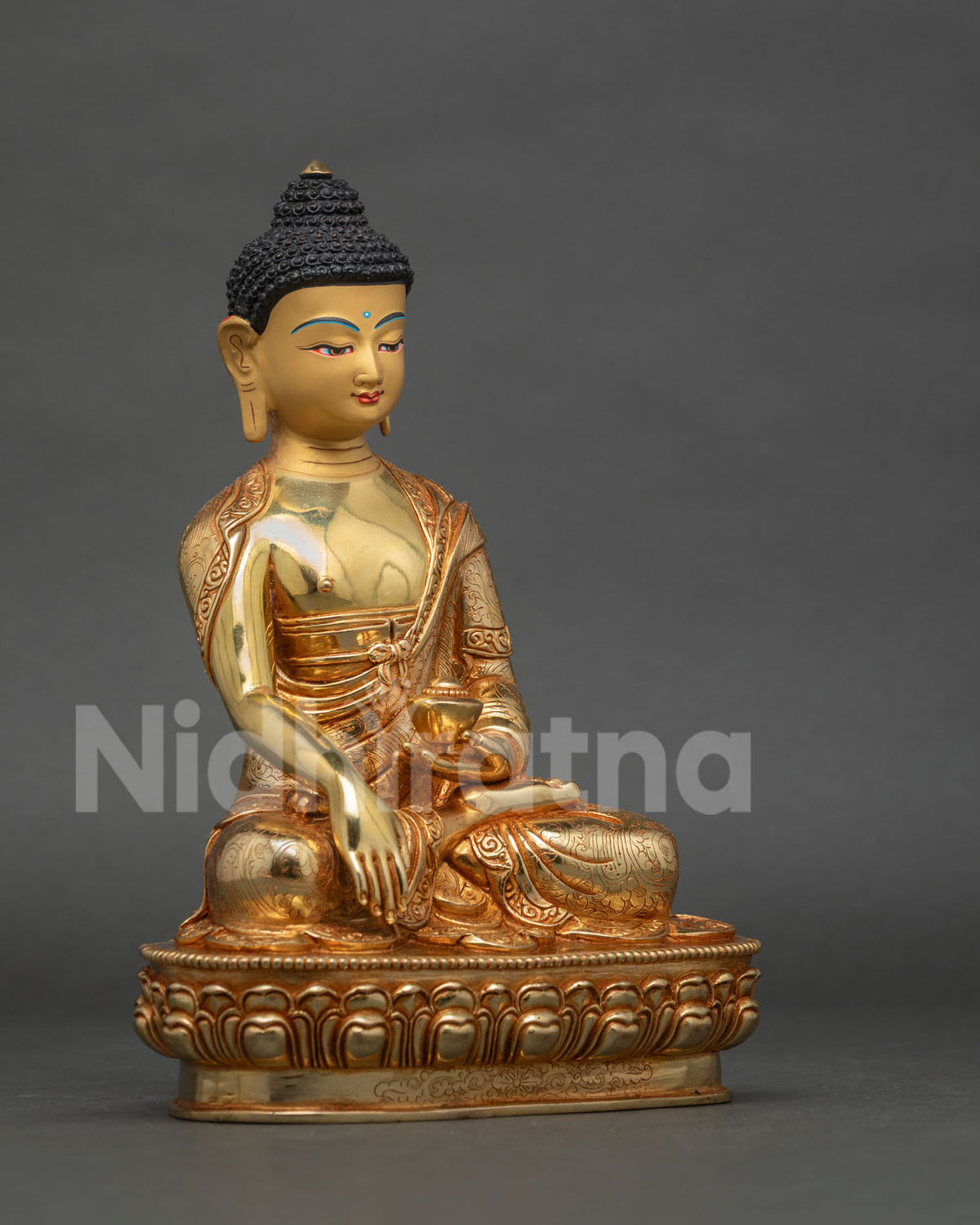 Shakyamuni Buddha statue side view handcrafted copper sculpture.