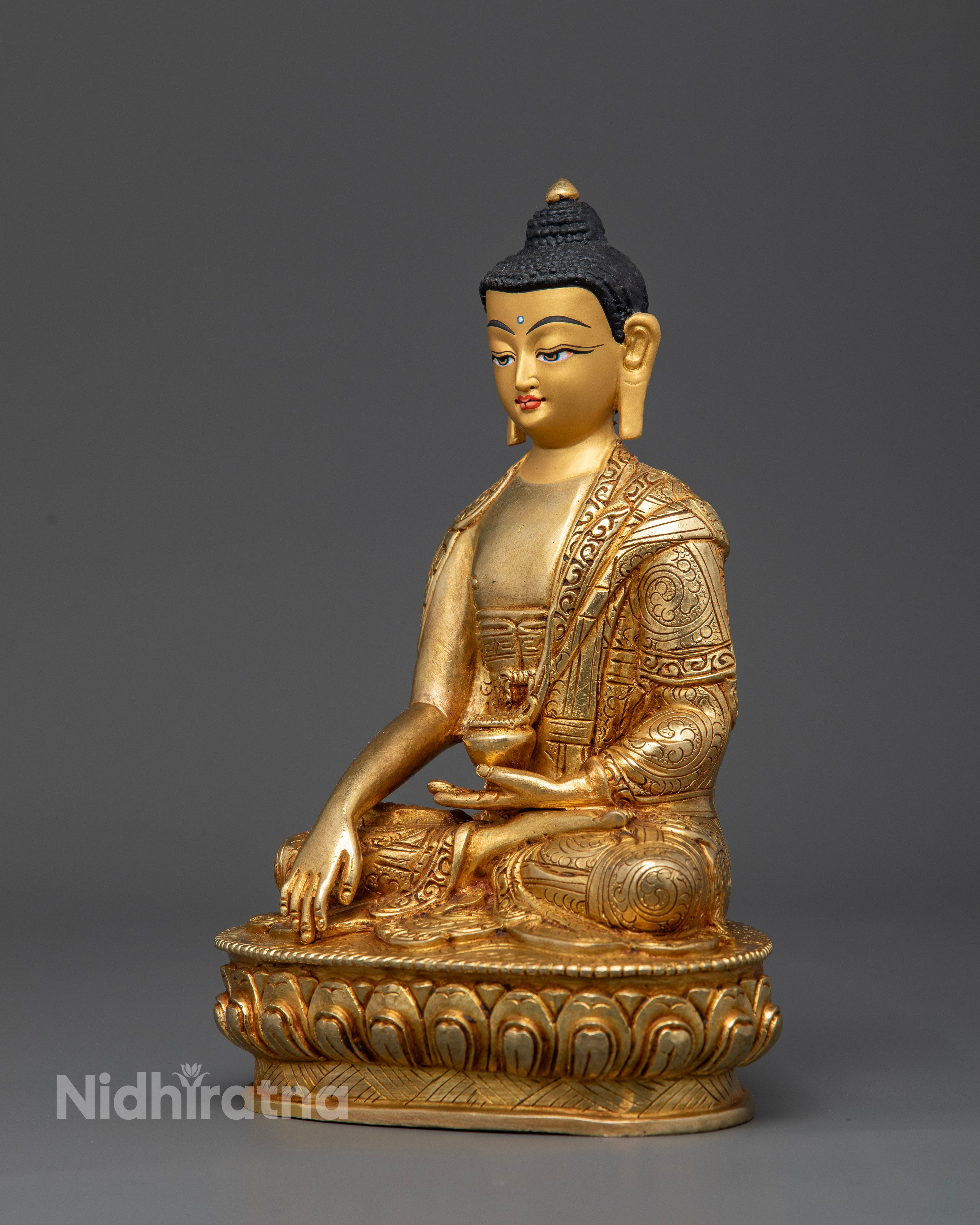 Shakyamuni Buddha Statue Side View with Lotus Pedestal and Hand Carved Monk Robe.