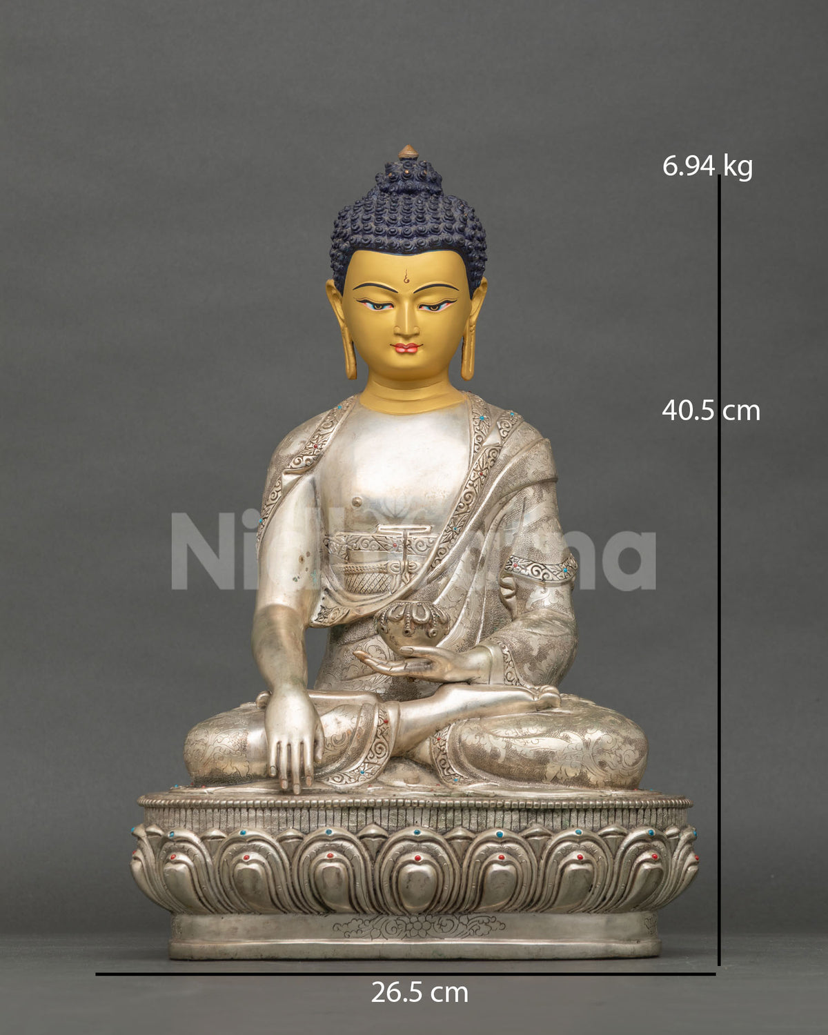 Shakyamuni Buddha Statue front view with silver plated copper 24K gold painted face and semi precious stones.