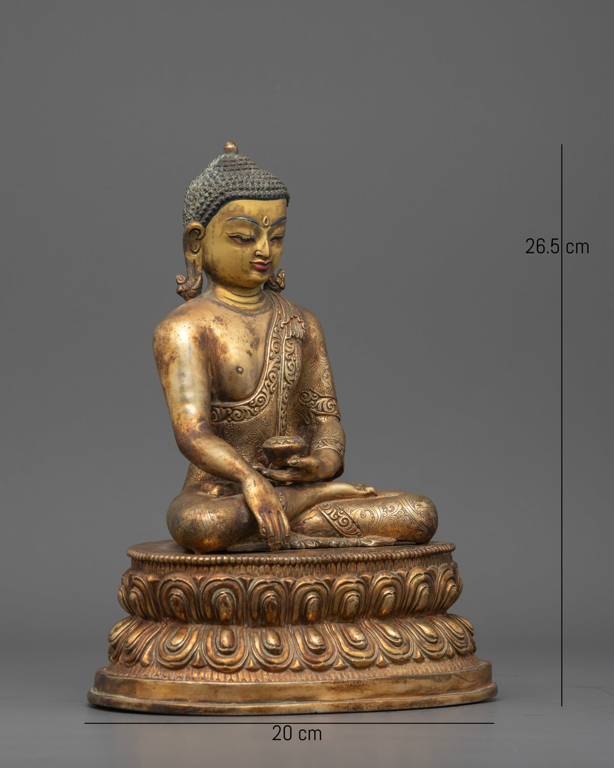 Shakyamuni Buddha statue with Earth Touching Mudra and sacred patra bowl.