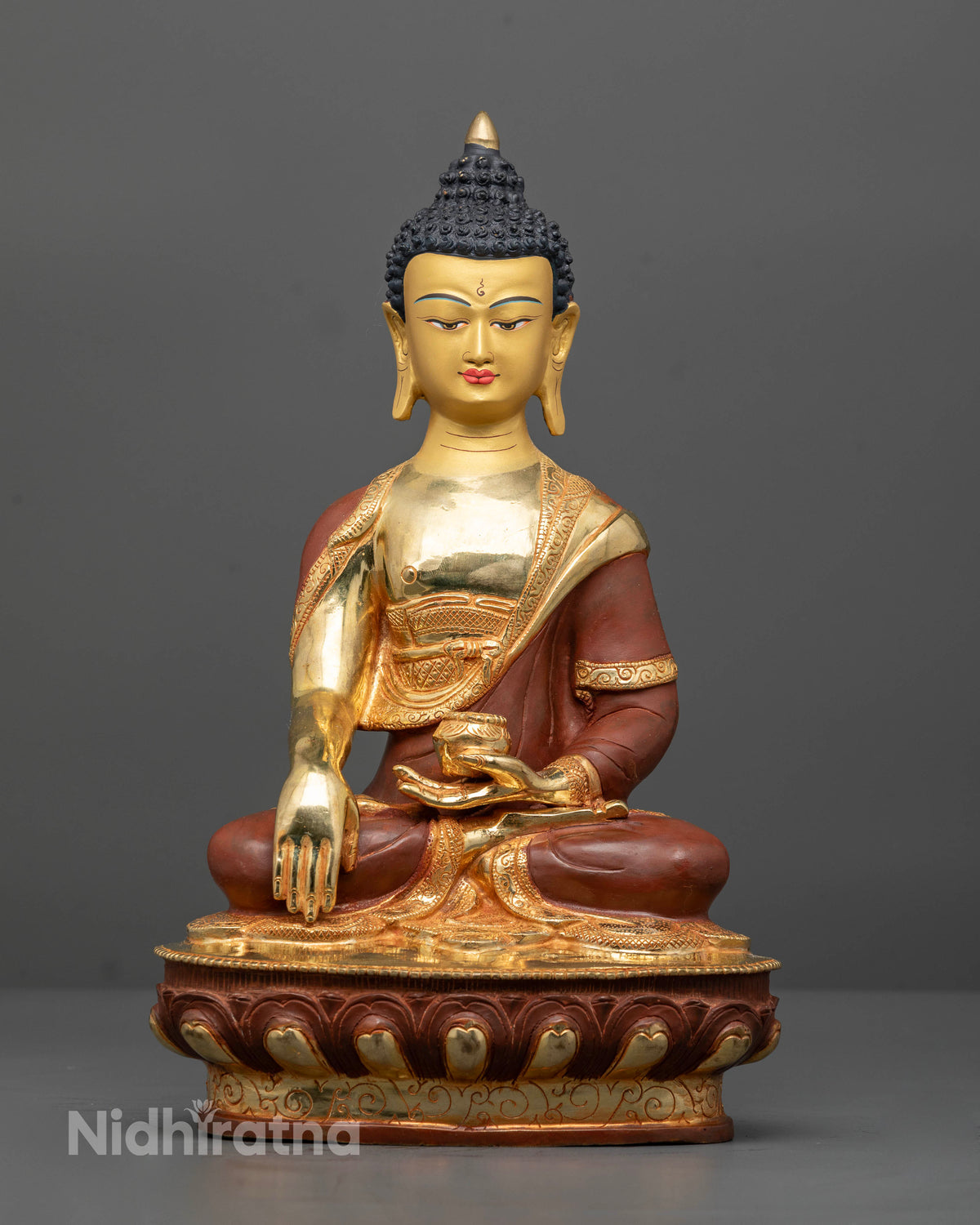 Shakyamuni Buddha Statue with Gold Gilded Details and Oxidized Finish