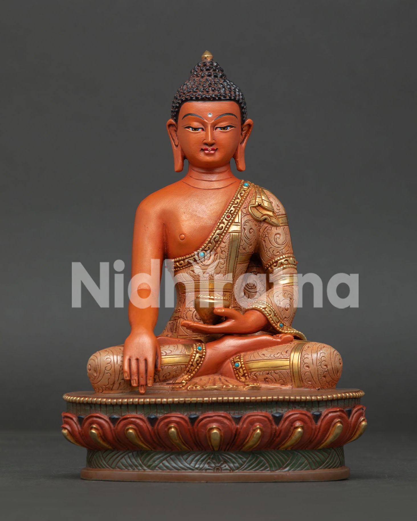 Shakyamuni Buddha Statue with Gold Gilded Details, Turquoise and Coral Stones from Nepal