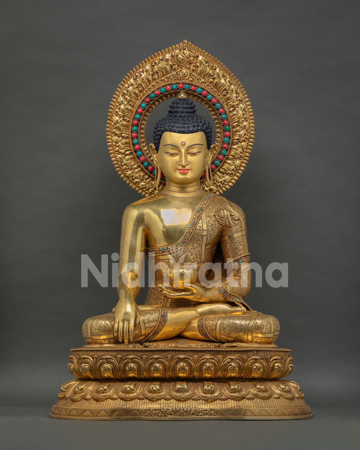 shakyamuni buddha statue with halo in 24k gold gilded copper on lotus throne nepal