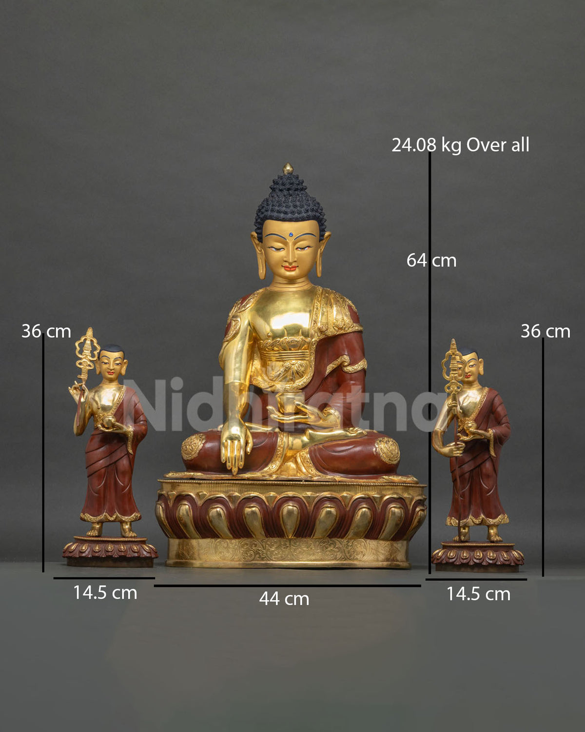 Shakyamuni Buddha with Disciples statue set front view, gold gilded copper sculpture