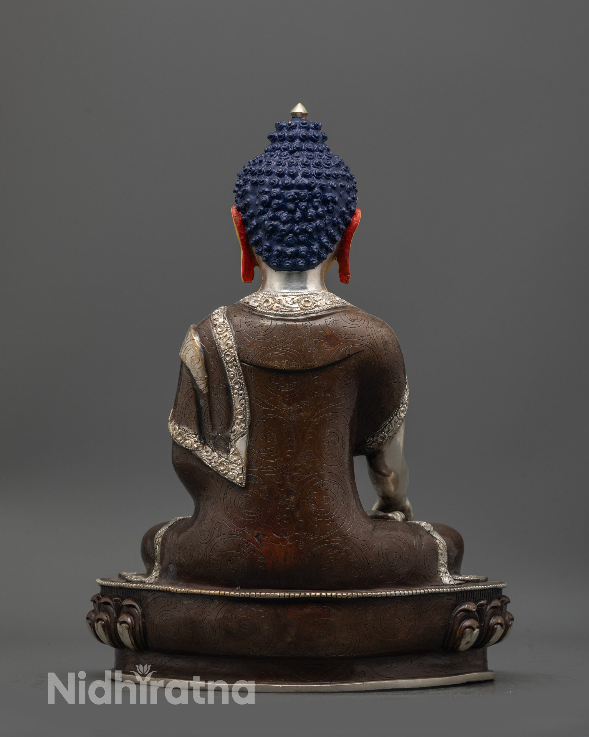 shakyamuni buddha statue back view handmade lost wax crafted copper with silver plated robe