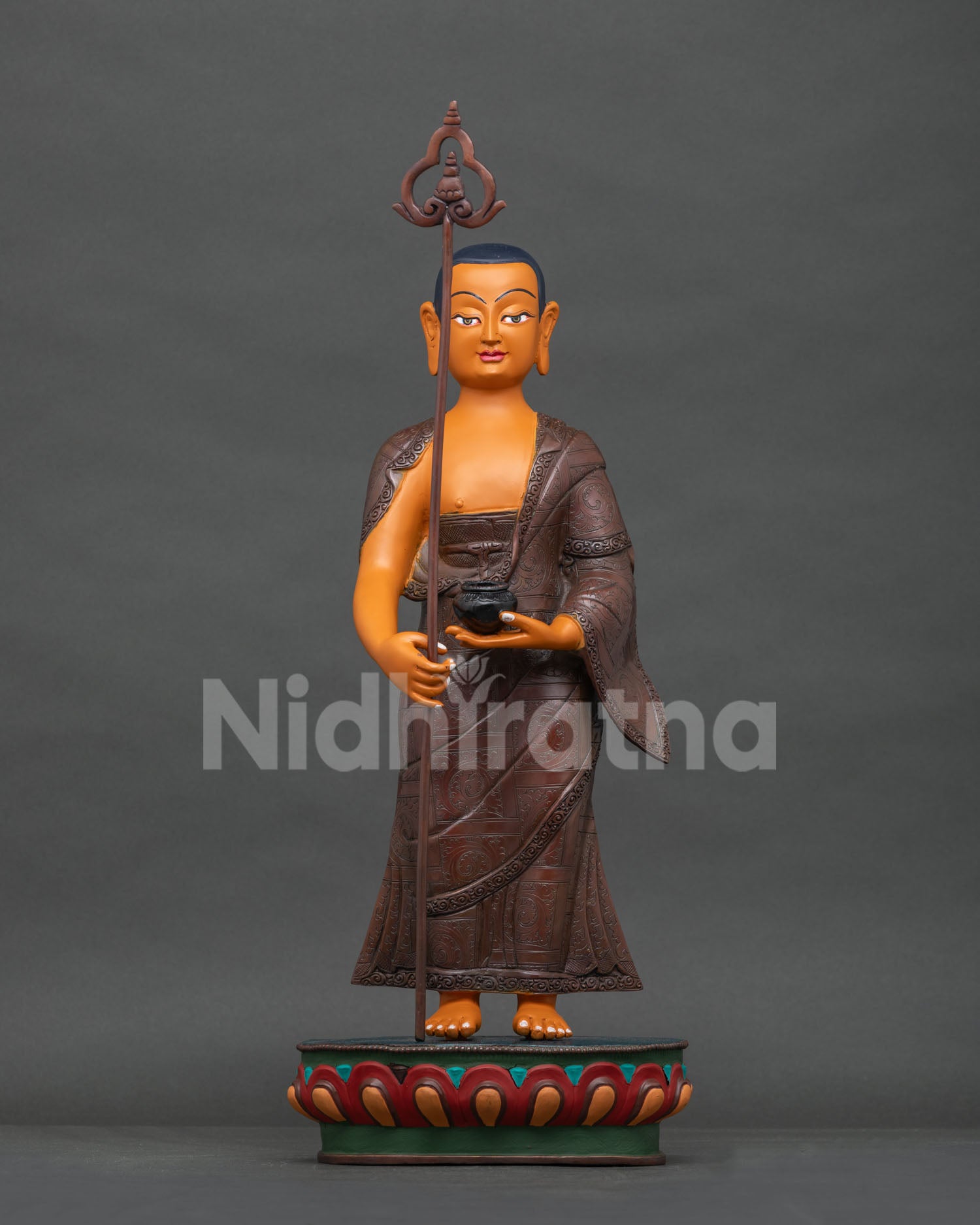 Shariputra copper statue front view, handmade Buddhist disciple statue Nepal