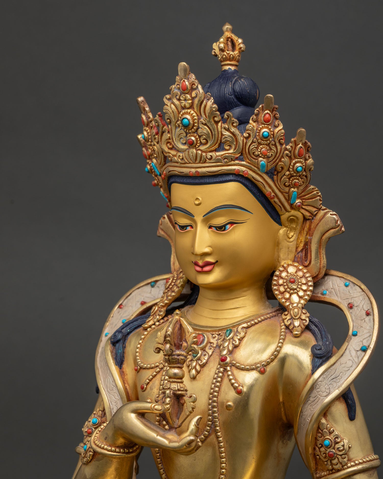 Side Close Up of Vajrasattva Statue with Semi Precious Stone Halo and Gold Gilding