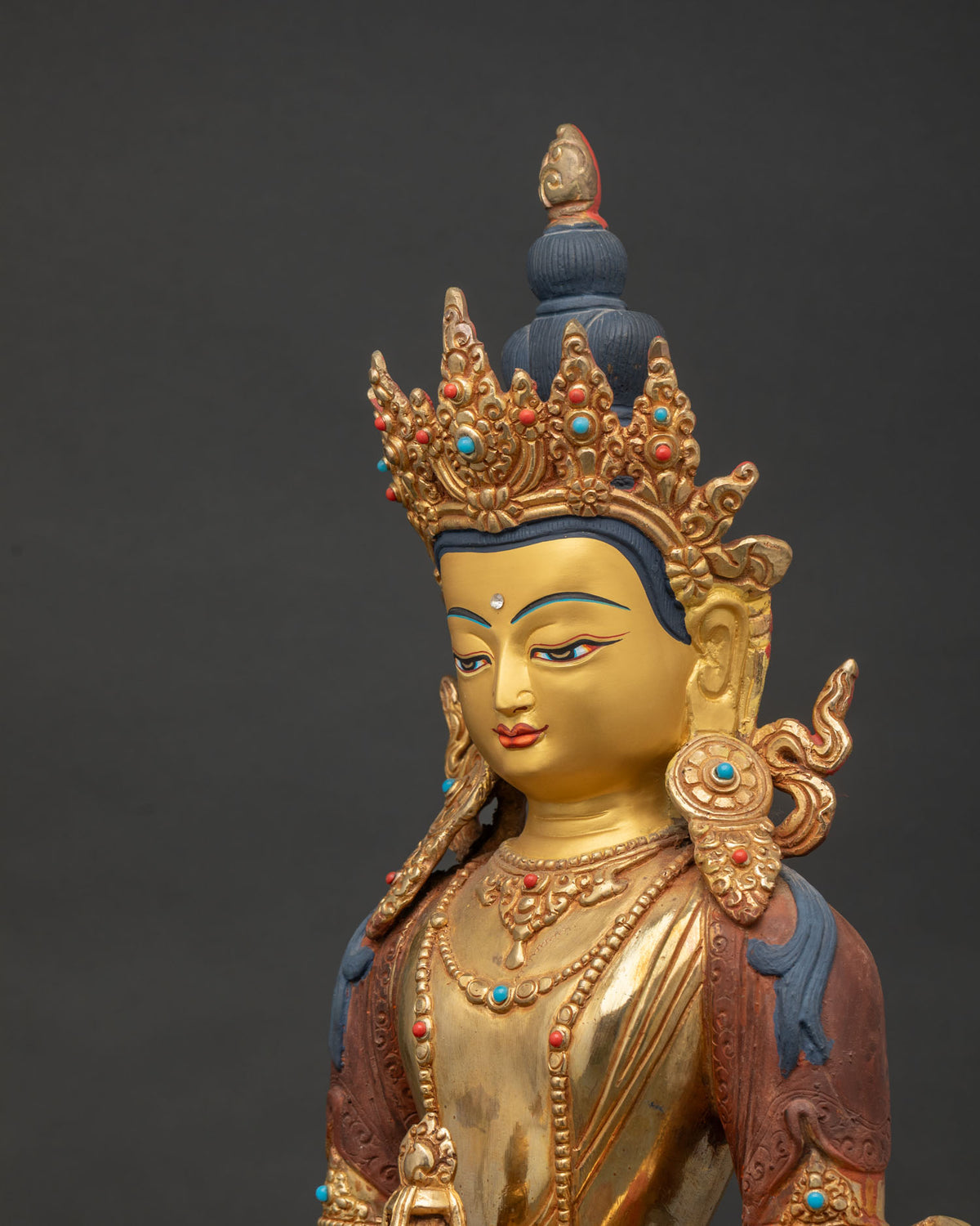 Side Detail Of Amitayus Statue Showing Floral Carvings And Stone Inlays