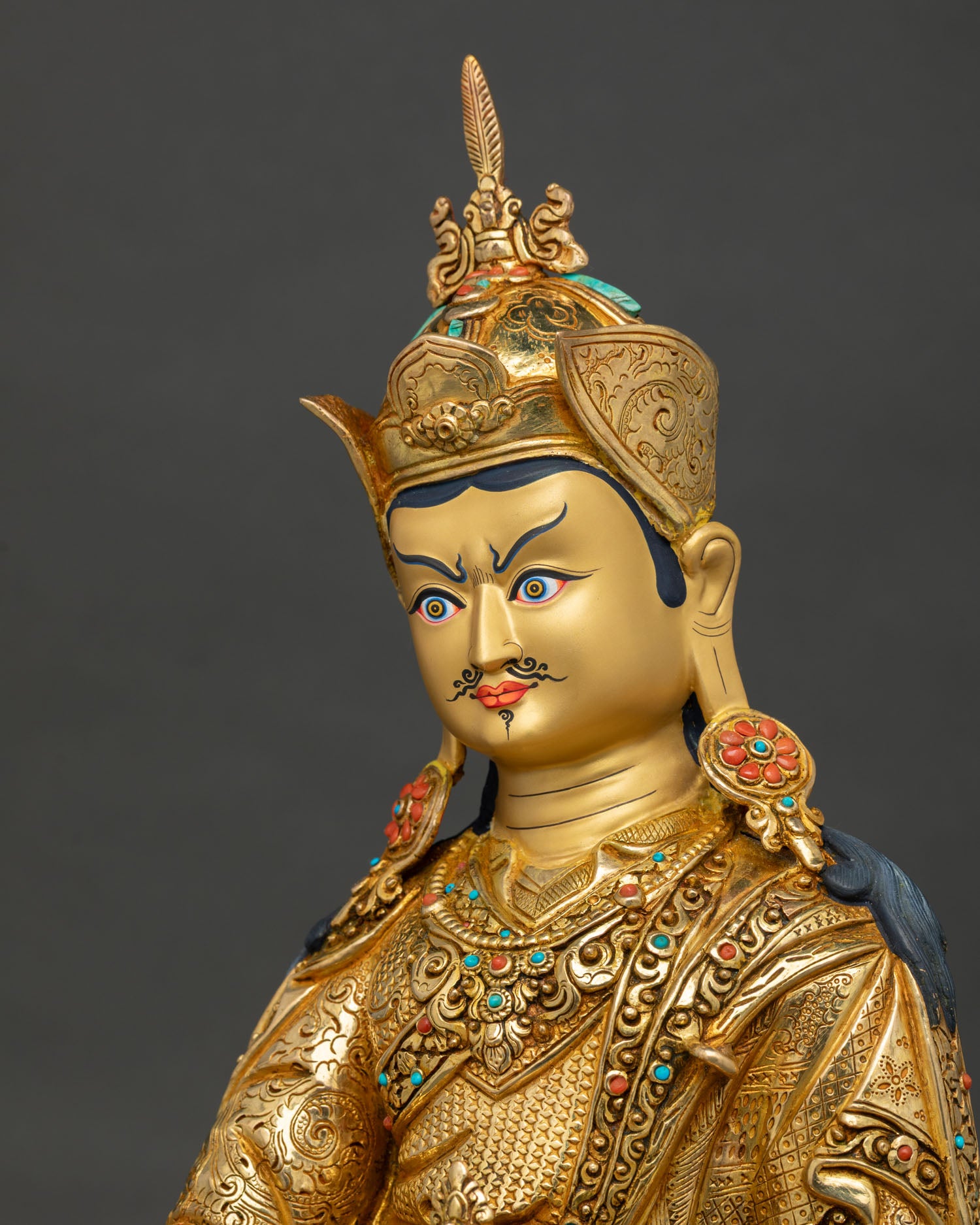 Side Detail of Guru Rinpoche Statue with Engraved Robes and Vajra