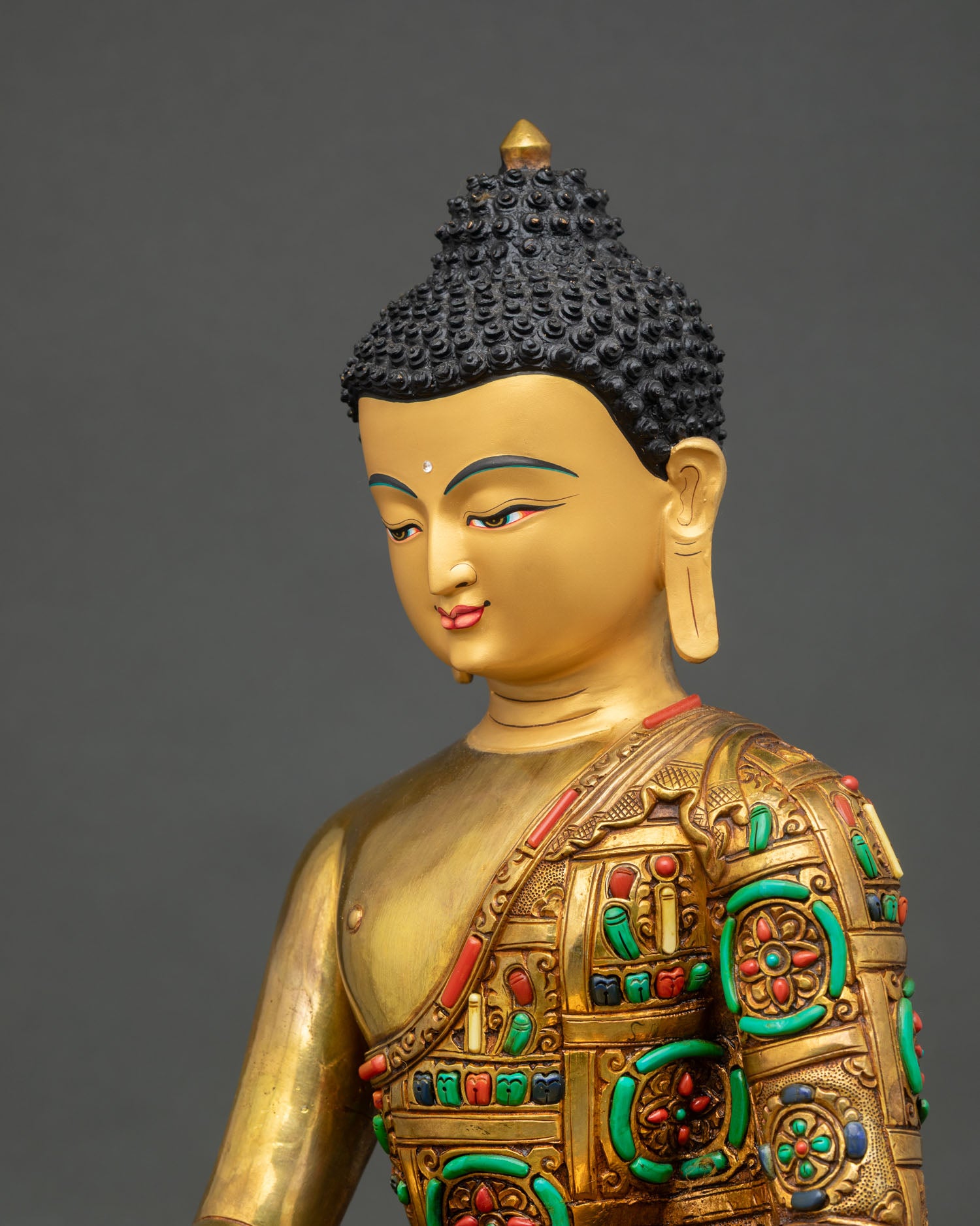 Side Detail View of Shakyamuni Buddha Statue Intricate Robe Carving Copper Art