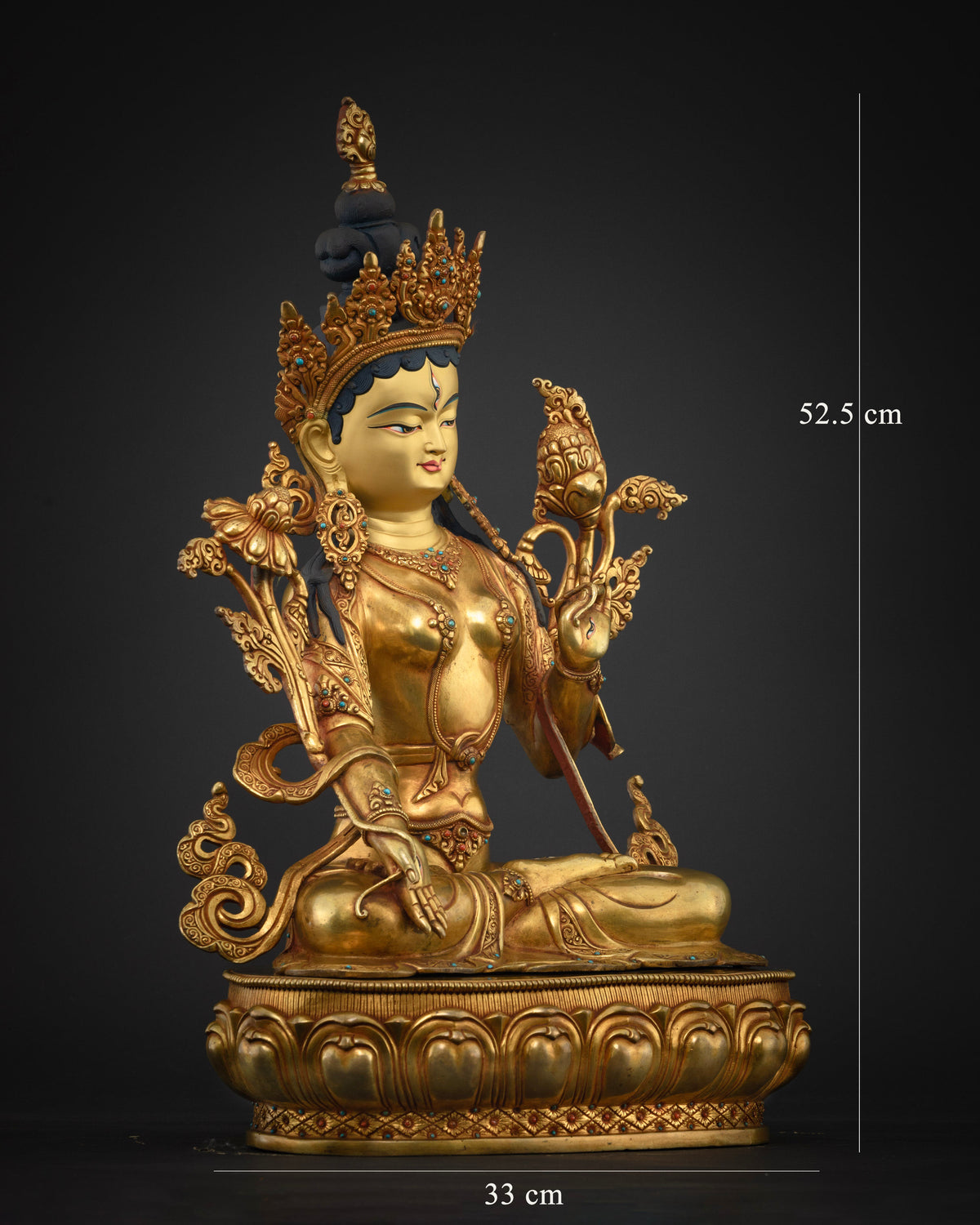 Side profile of White Tara Buddhist statue with 24K fire-gilded copper finish and ornate crown