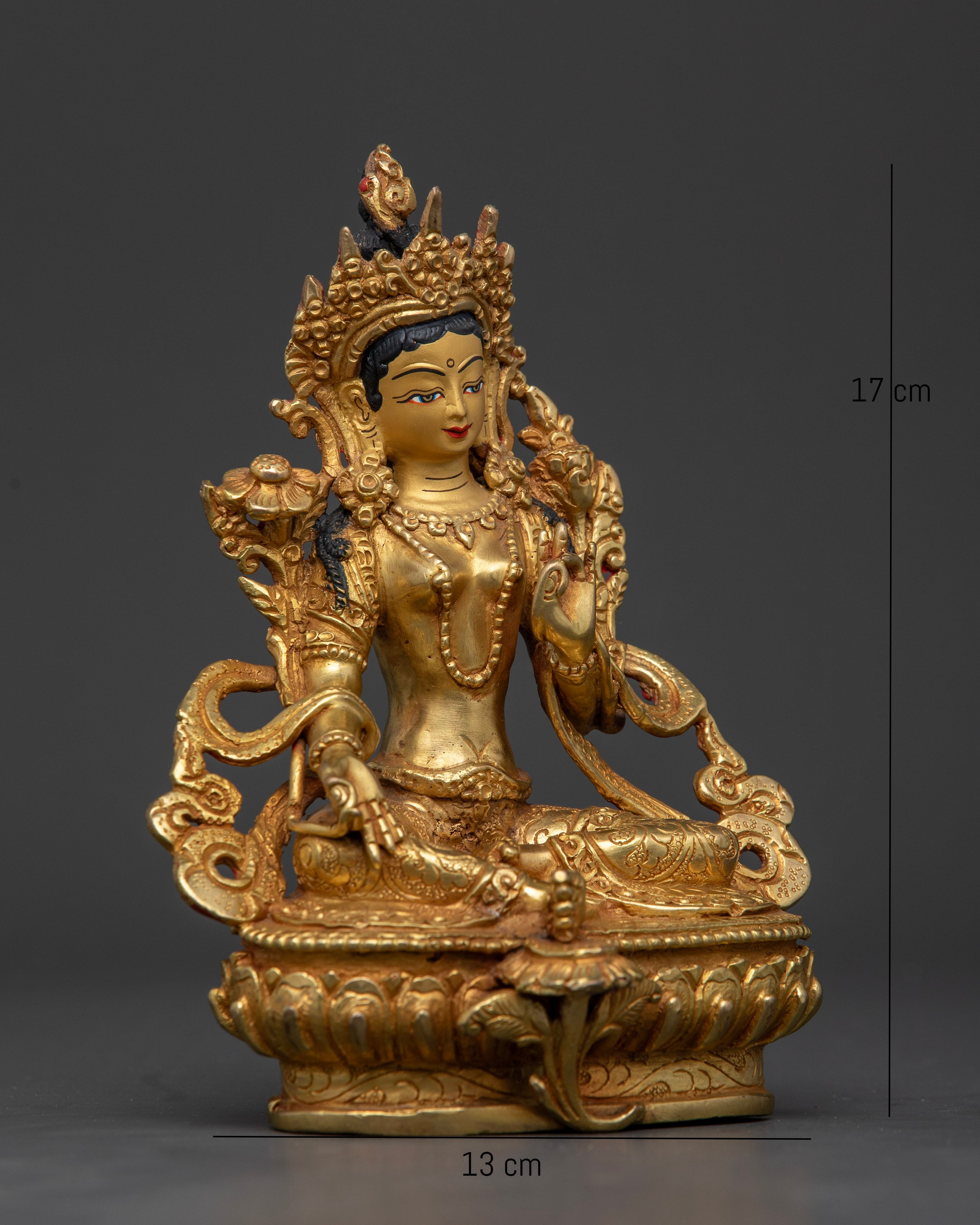 side view Green Tara Sculpture seated lotus hand gestures generosity refuge Nepalese statue