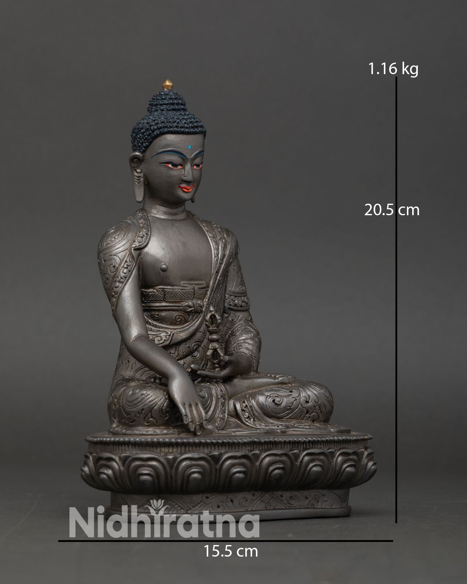 Side view of Mitrugpa Buddha lotus seat earth touching mudra, Nepalese Buddhist art