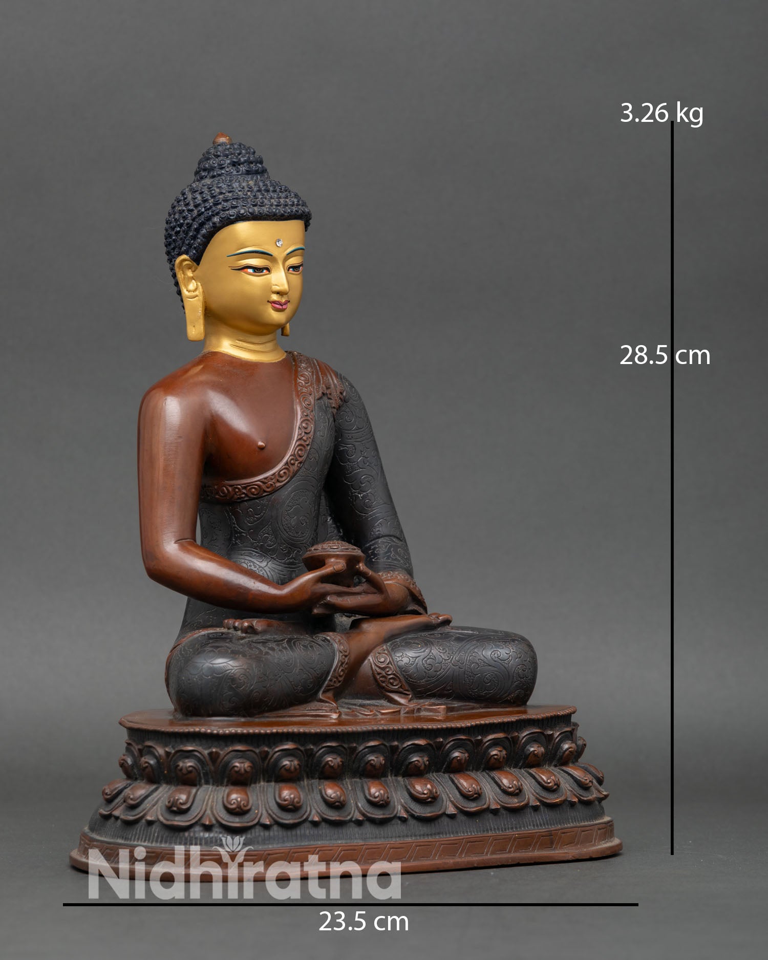 Side view of Amitabha Buddha seated lotus throne oxidized finish copper sculpture Western Pure Land Buddha meditation statue