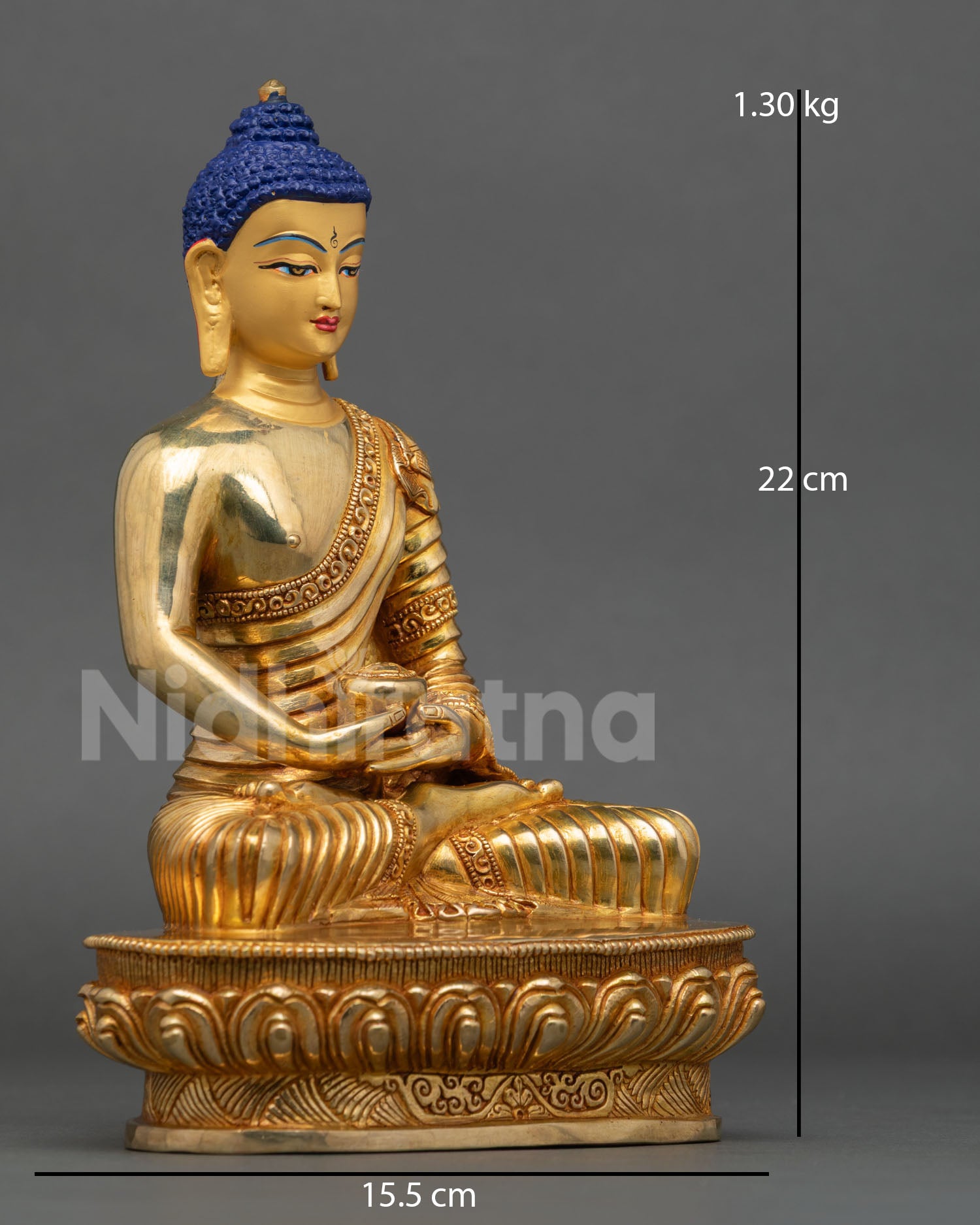 Side view of Amitabha Buddha in a seated meditative posture, flowing robes, copper statue, traditional Nepalese lost wax technique, spiritual altar decor